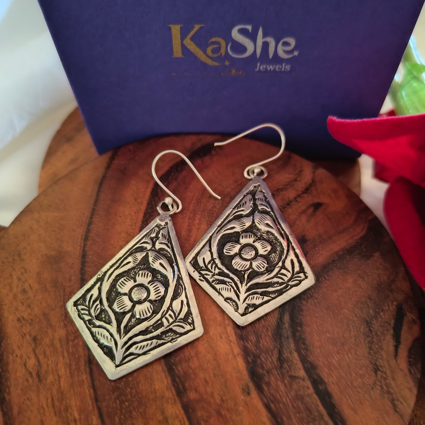 Classic Silver Floral And Fona Chitai Kite Shaped Hook Earrings