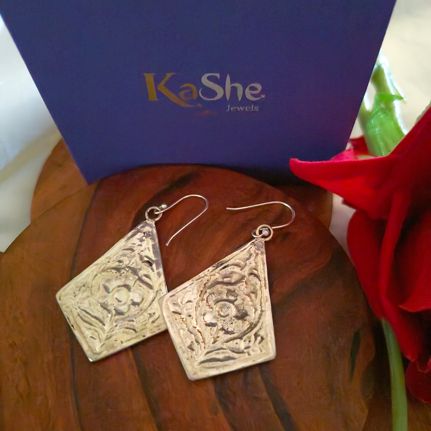 Classic Silver Floral And Fona Chitai Kite Shaped Hook Earrings