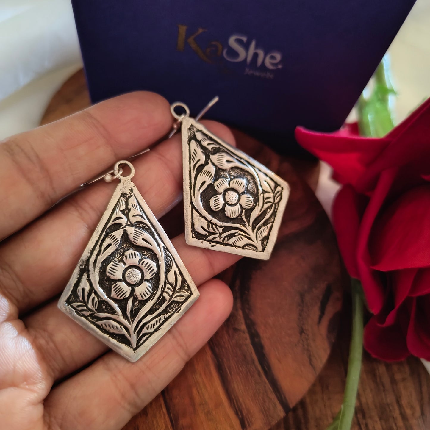Classic Silver Floral And Fona Chitai Kite Shaped Hook Earrings