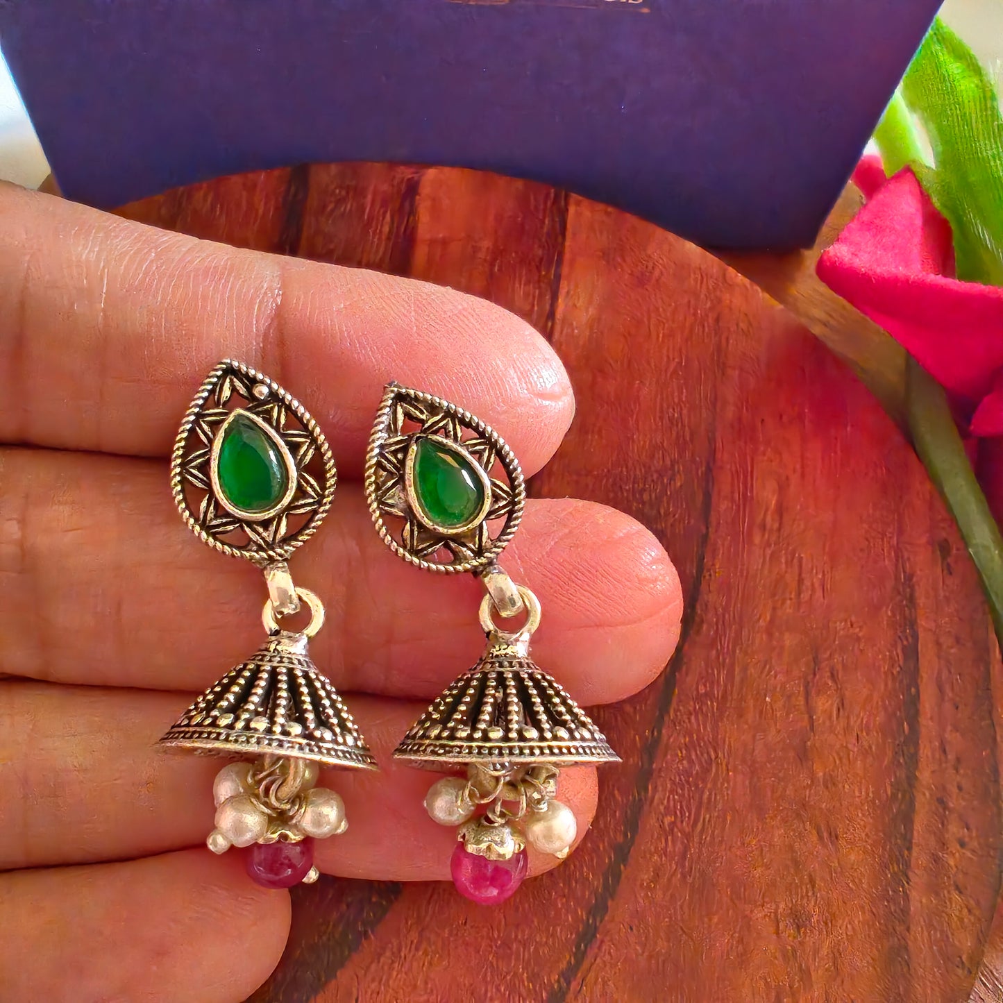 Elegant Pear Intricate Stud Green And Pink Stone Jhumki Earrings With Bud Pearl And Stone Drops