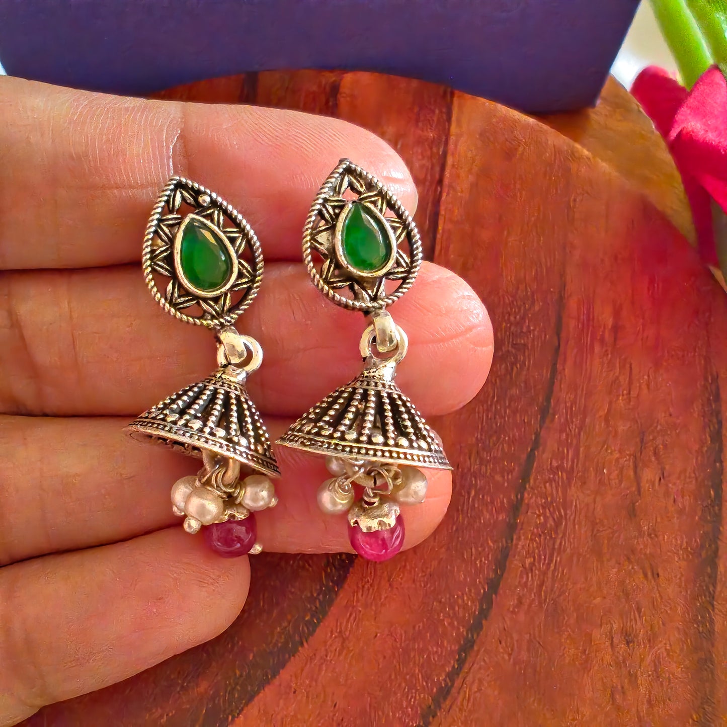 Elegant Pear Intricate Stud Green And Pink Stone Jhumki Earrings With Bud Pearl And Stone Drops