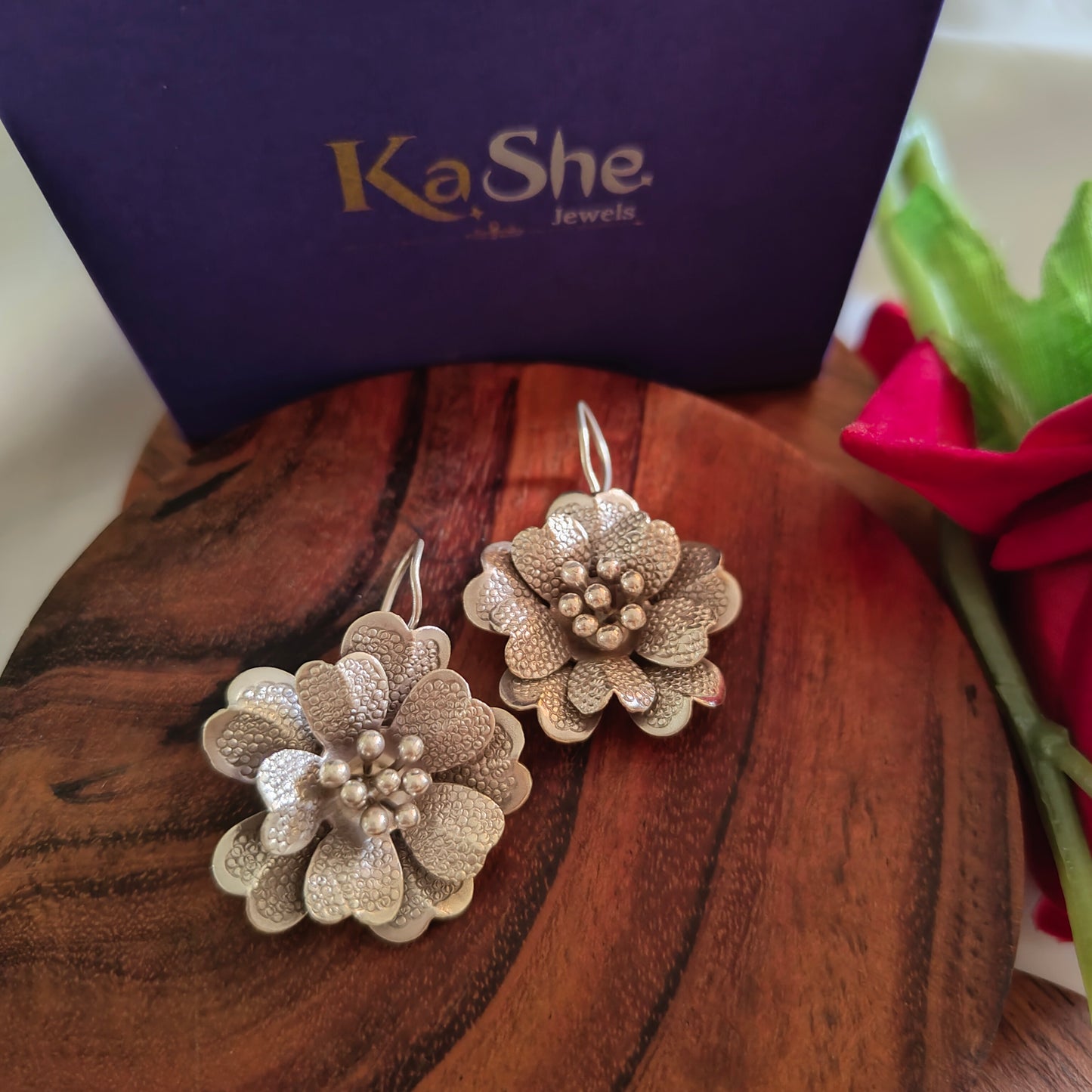 Statement 3D Floral Heart Leaves Textured Exclusive Earring With Hooks Big