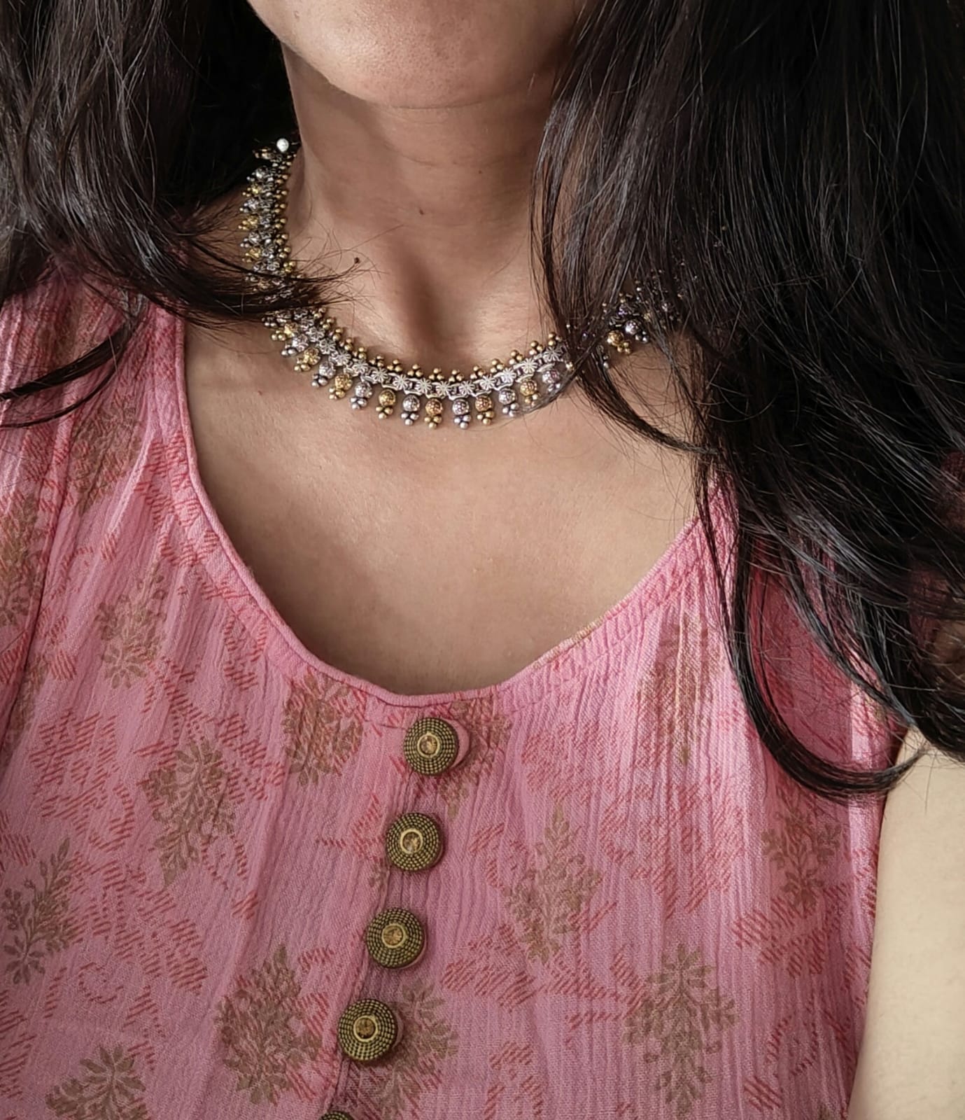 Elegant Silver Gold Polished Necklace Intrcate Details With Maroon Thread Dori