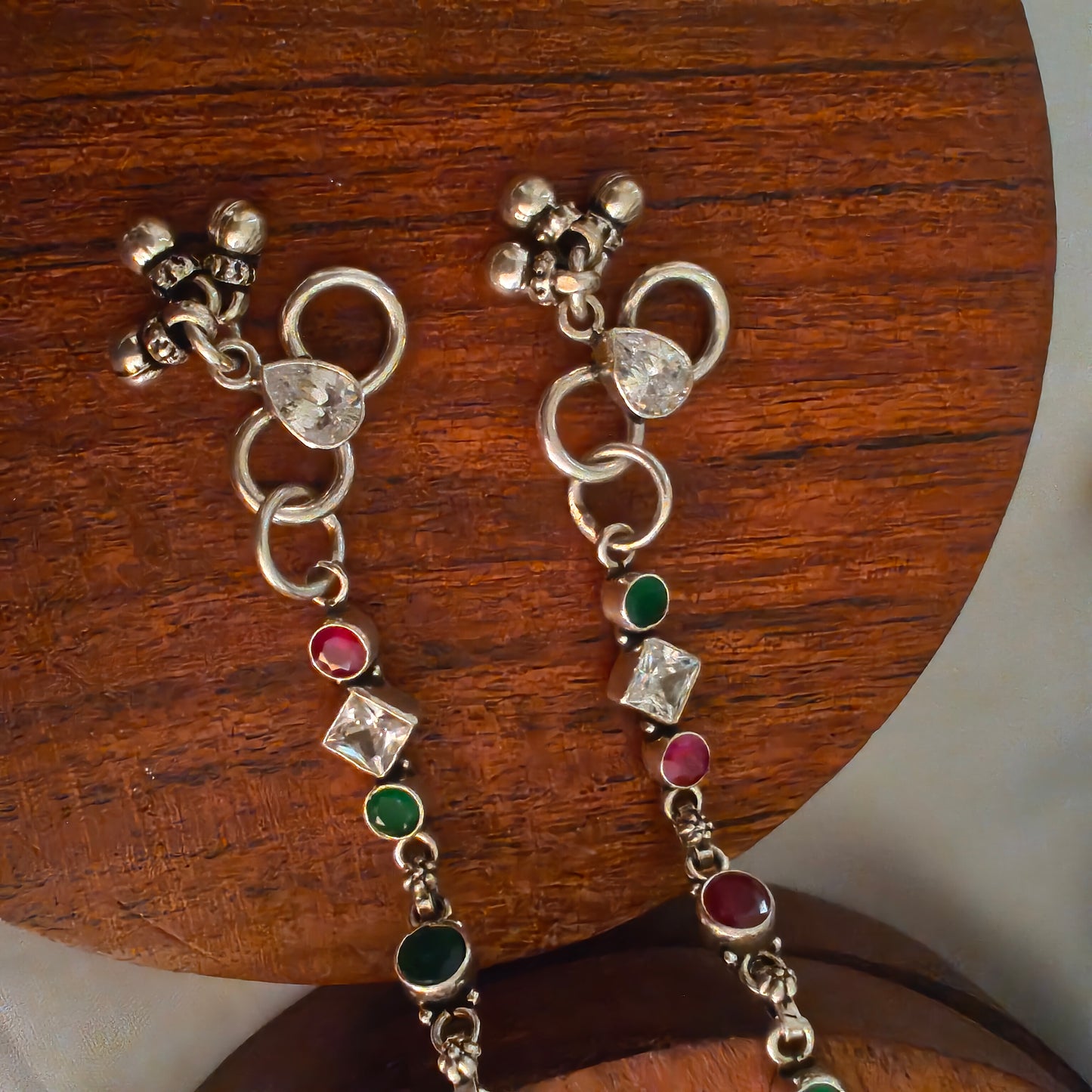 925 Silver Women White Pink Green Multi Color Stone Anklet With Stone and Ball Hangings