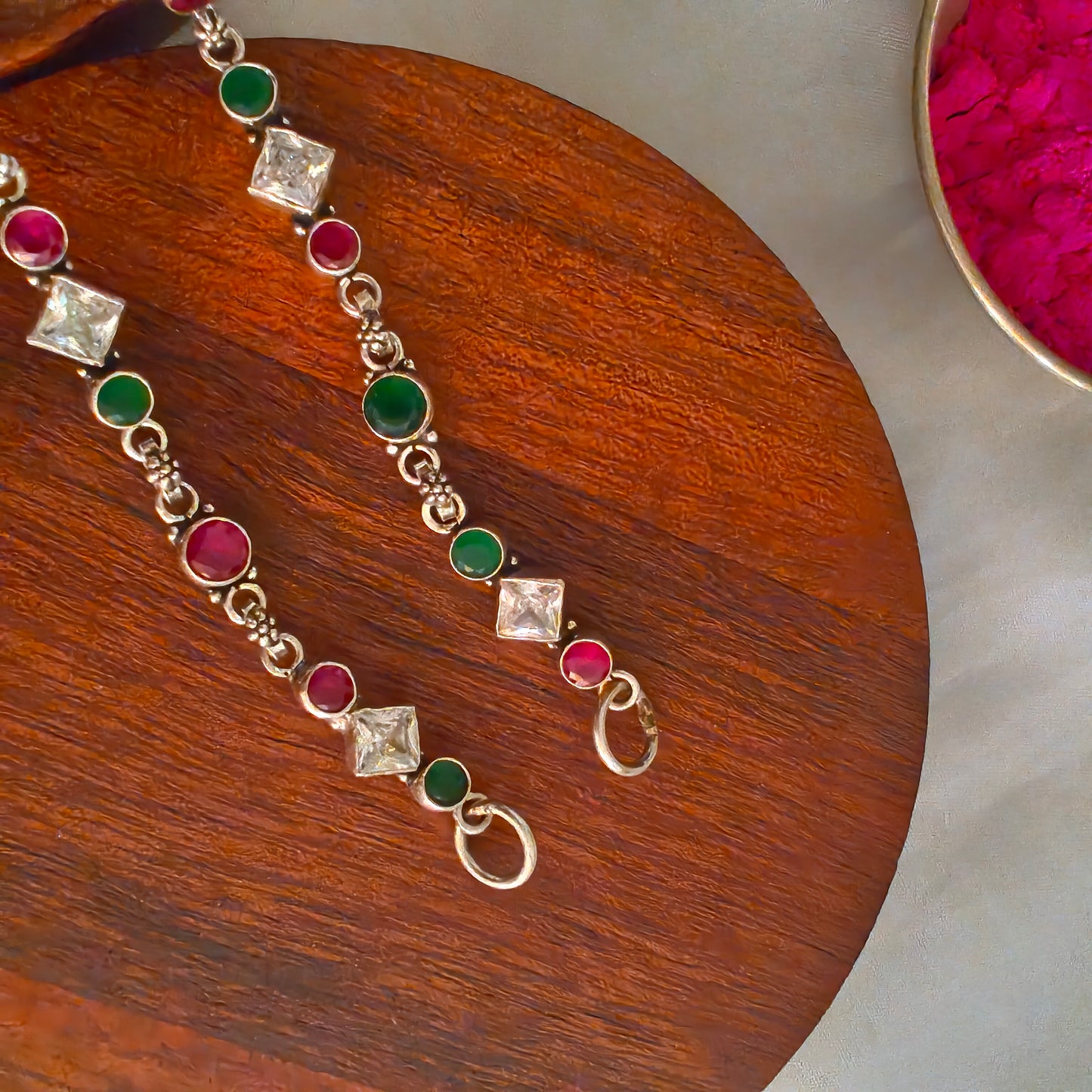 925 Silver Women White Pink Green Multi Color Stone Anklet With Stone and Ball Hangings