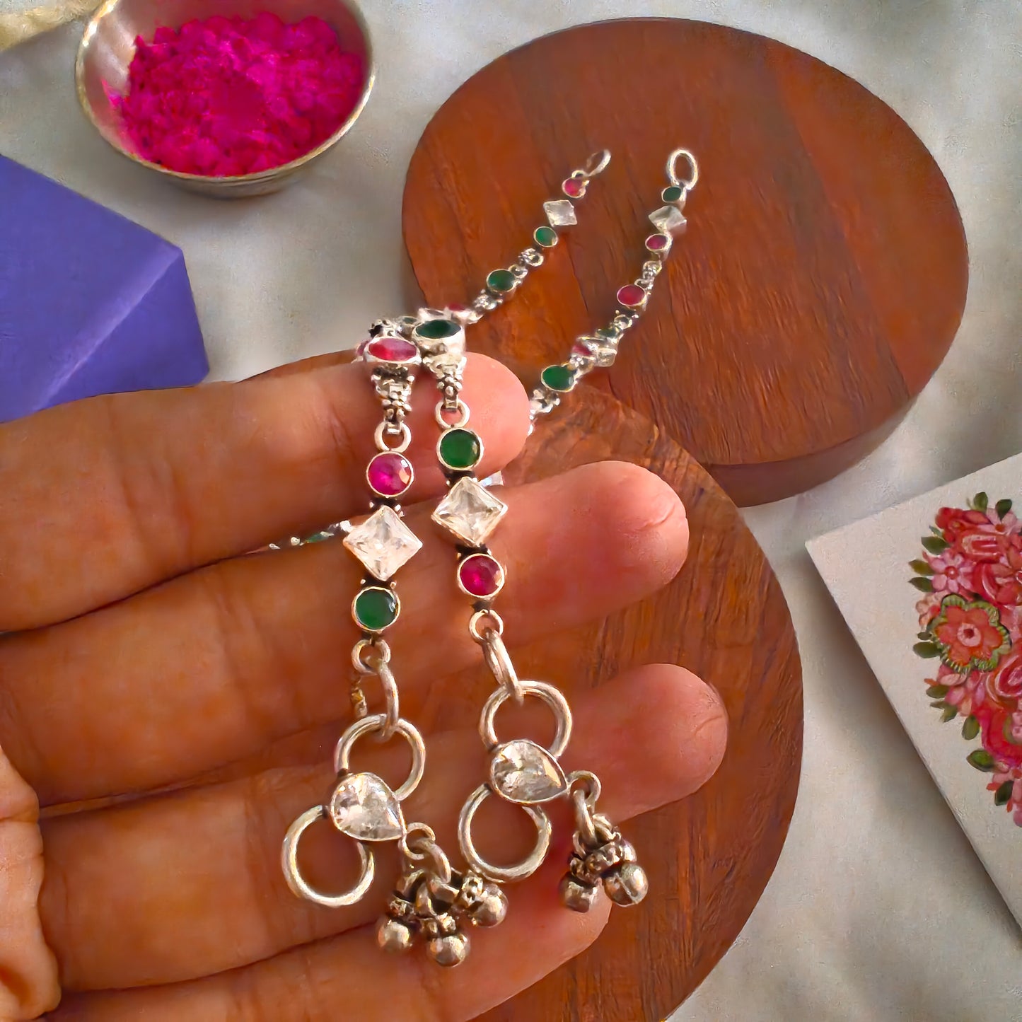 925 Silver Women White Pink Green Multi Color Stone Anklet With Stone and Ball Hangings
