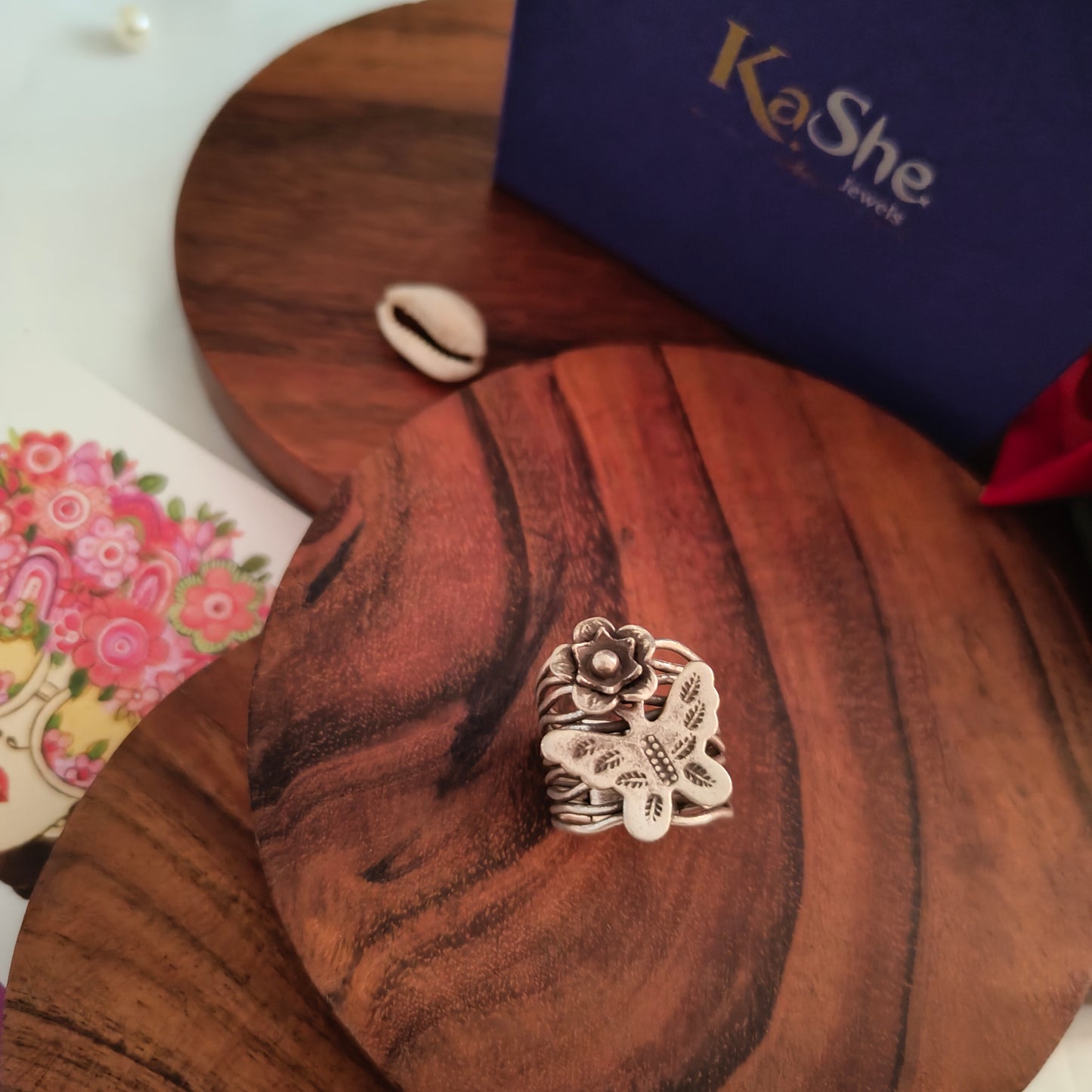 Boho Butterfly And Flower Wire Waves Sterling Silver Ring