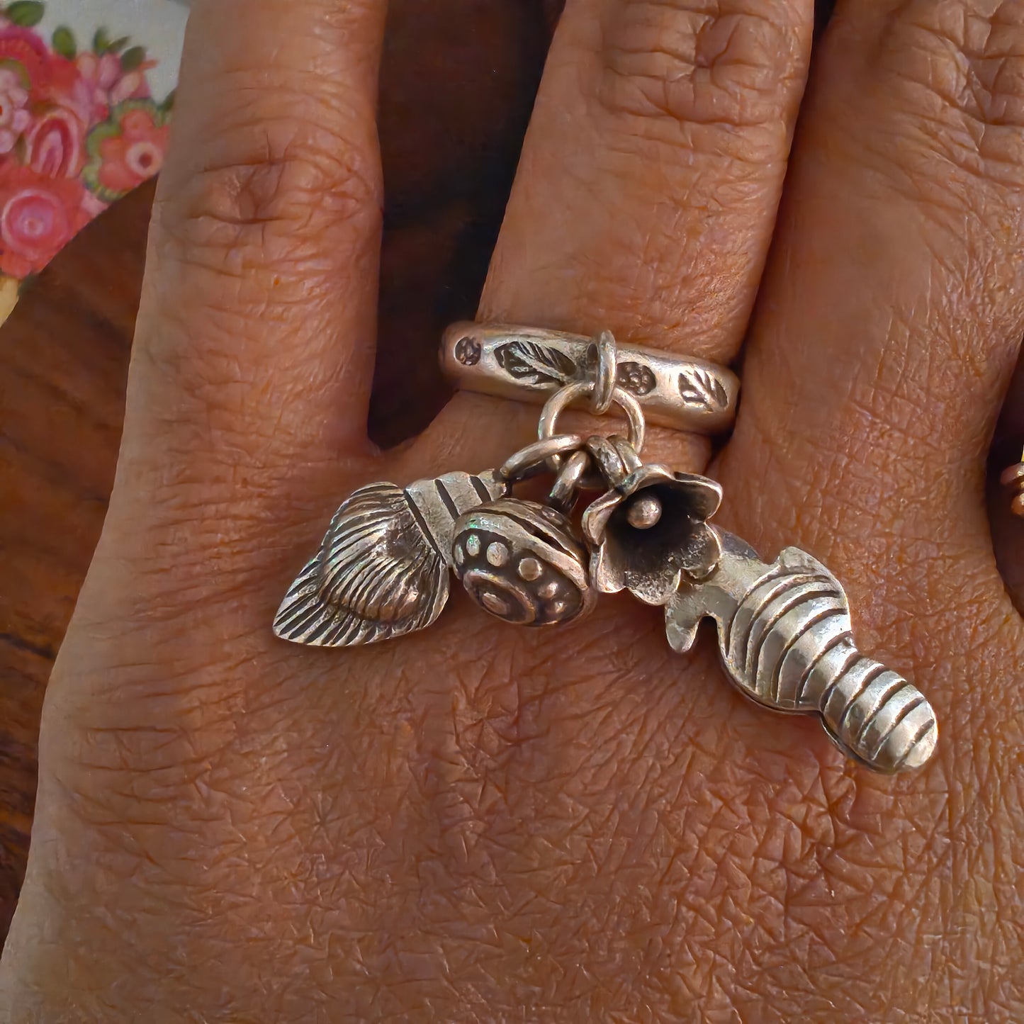Spiral Boho Textured Ring With Seahorse Heart Flower Ball Charms