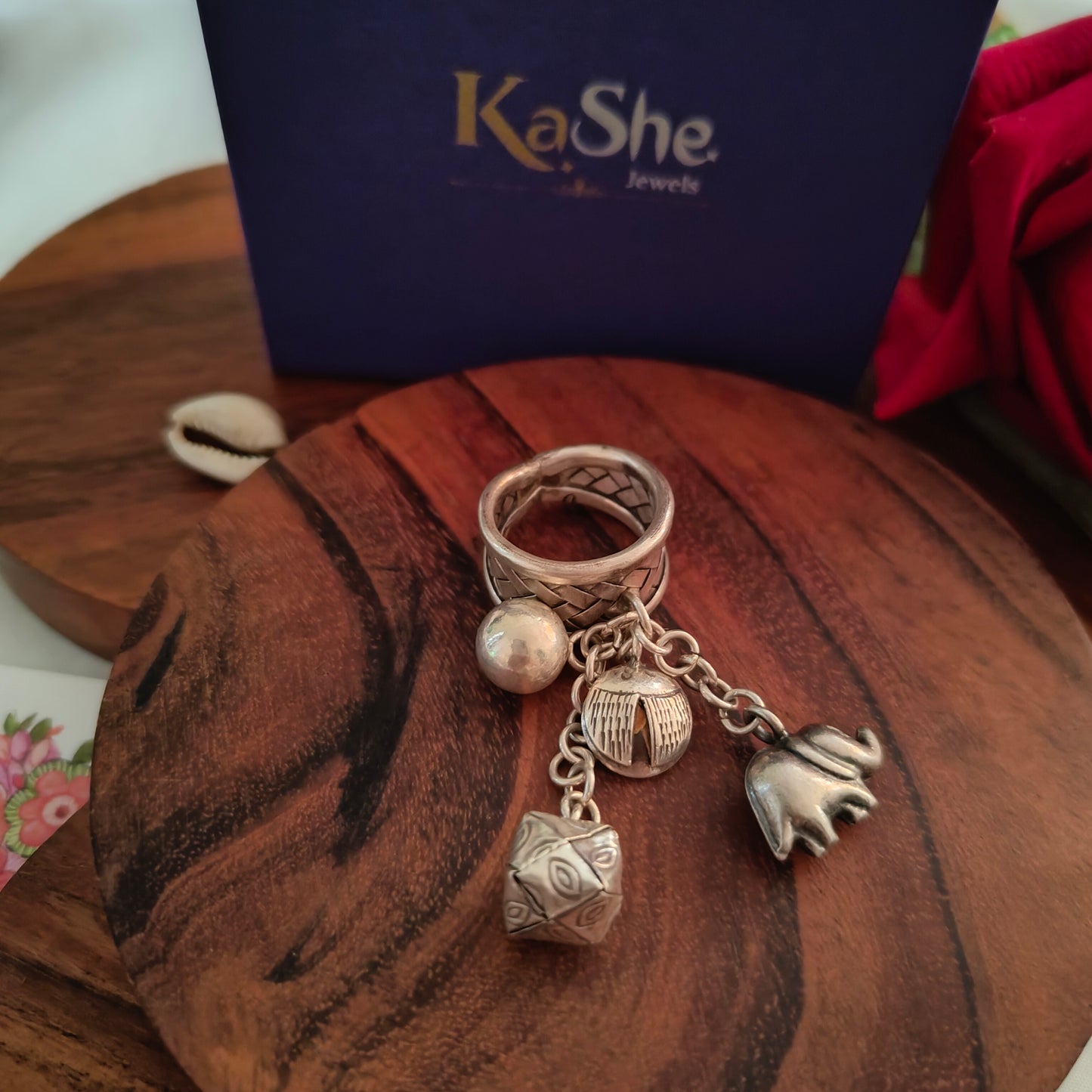 Boho Braided Adjustable Sterling Silver Ring With Elephant Ladybug And Balls Charms