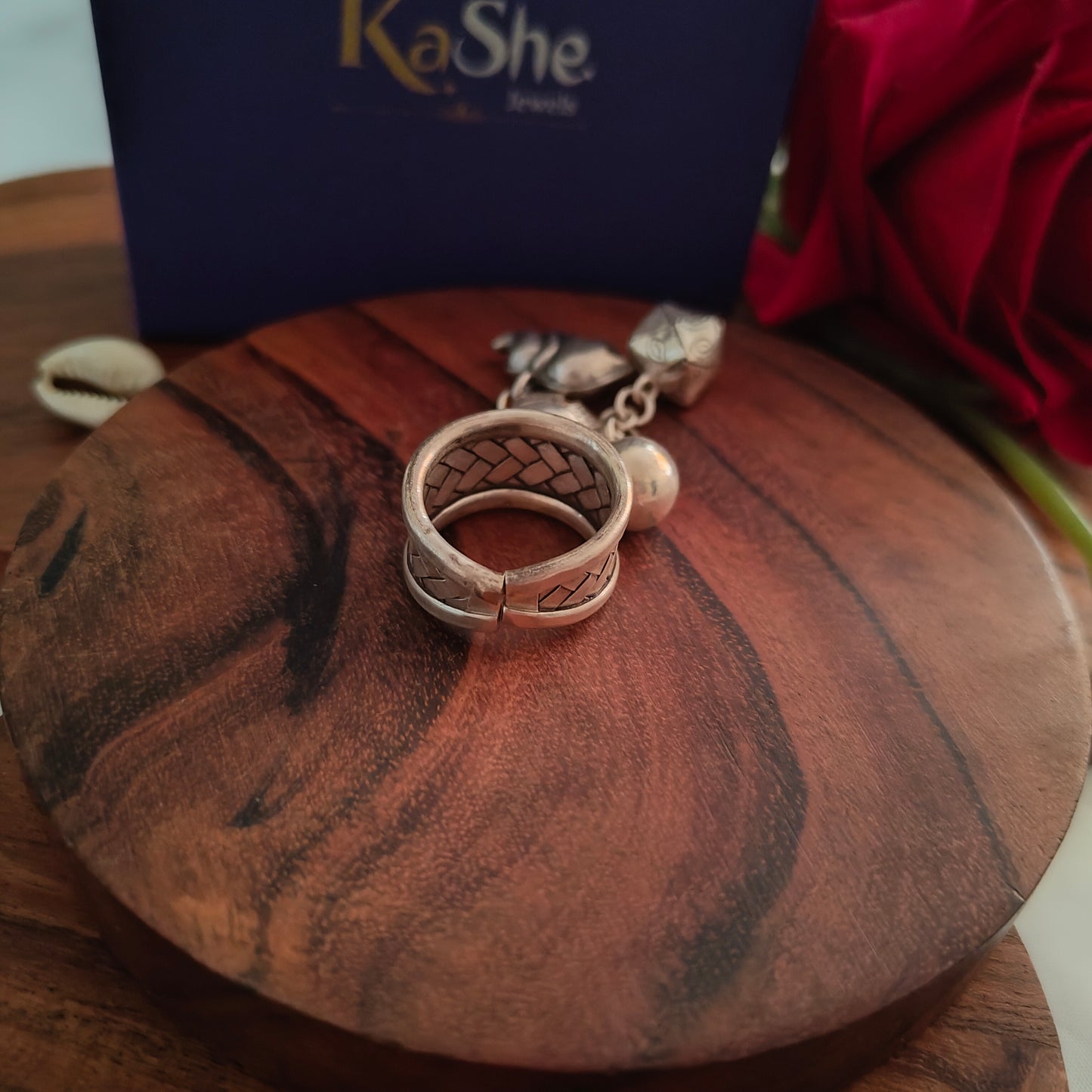 Boho Braided Adjustable Sterling Silver Ring With Elephant Ladybug And Balls Charms