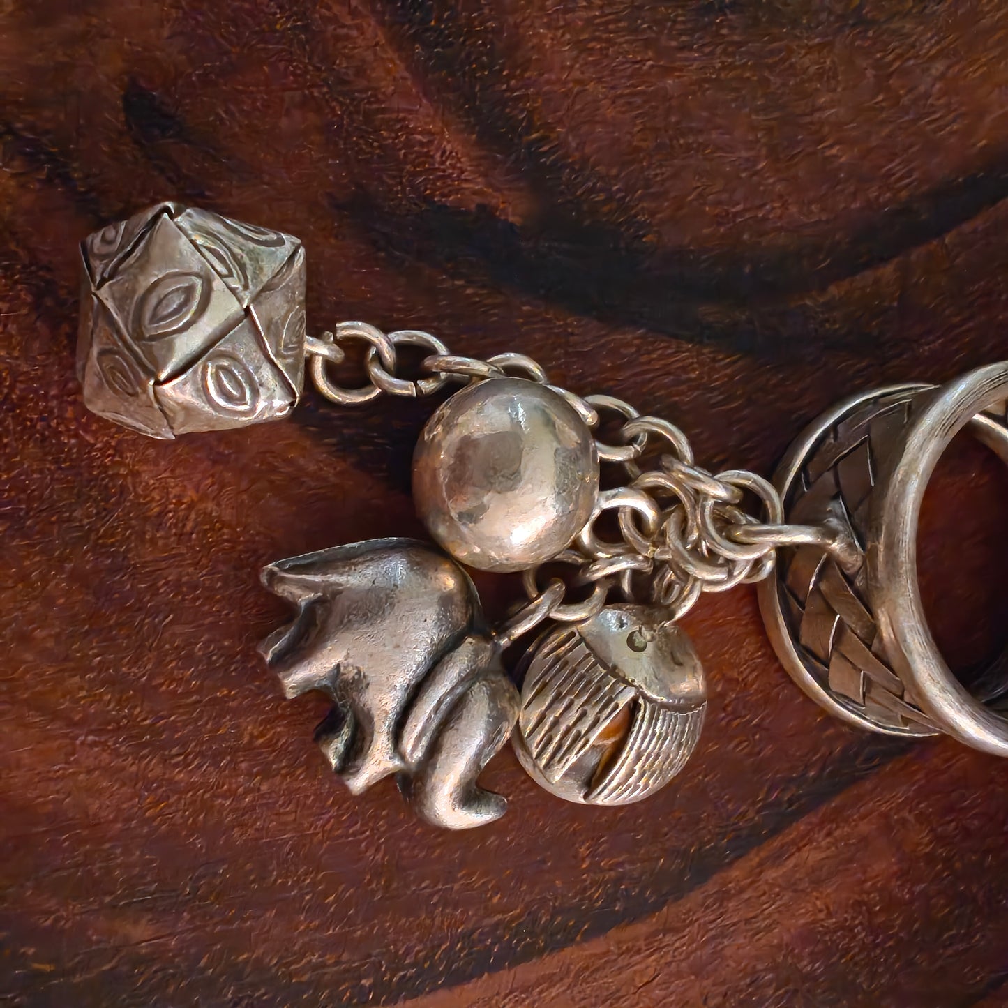 Boho Braided Adjustable Sterling Silver Ring With Elephant Ladybug And Balls Charms