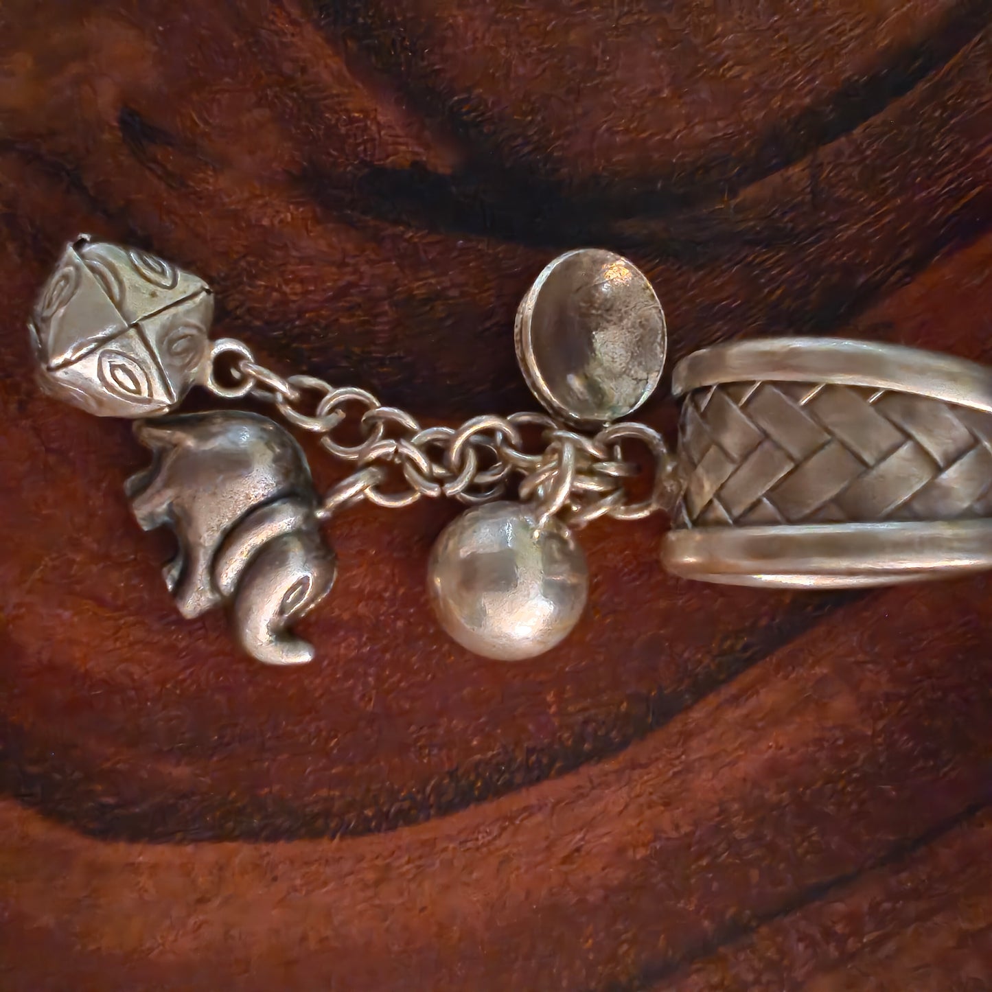 Boho Braided Adjustable Sterling Silver Ring With Elephant Ladybug And Balls Charms