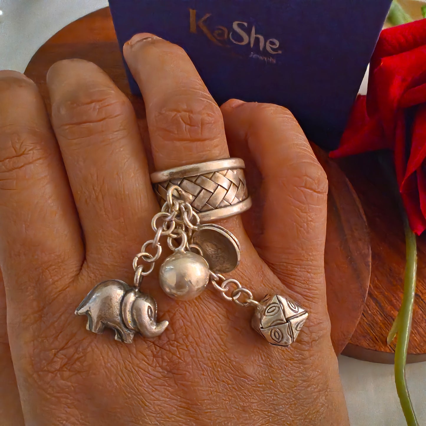 Boho Braided Adjustable Sterling Silver Ring With Elephant Ladybug And Balls Charms