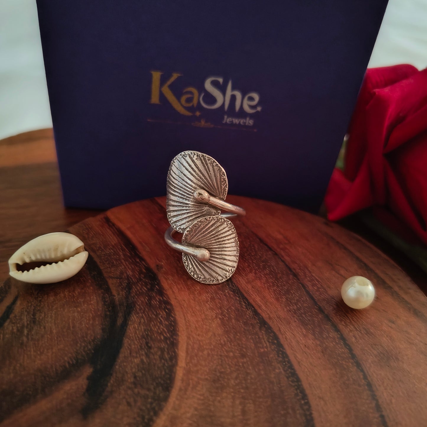 Boho Wrapped Leaves Adjustable Spiral Sterling Silver Shell Ring