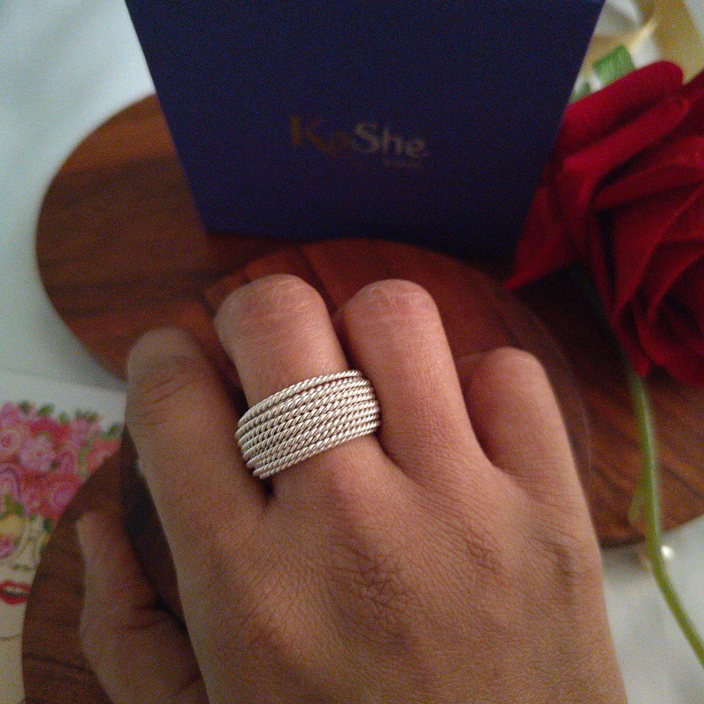 925 Silver Glossy Textured Band Ring