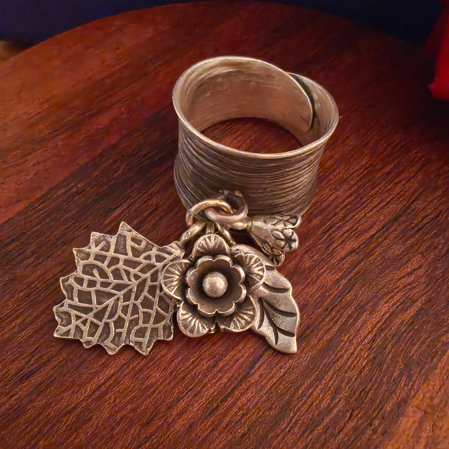 Statement Boho Textured Ring With Charms Flowers And Leaves