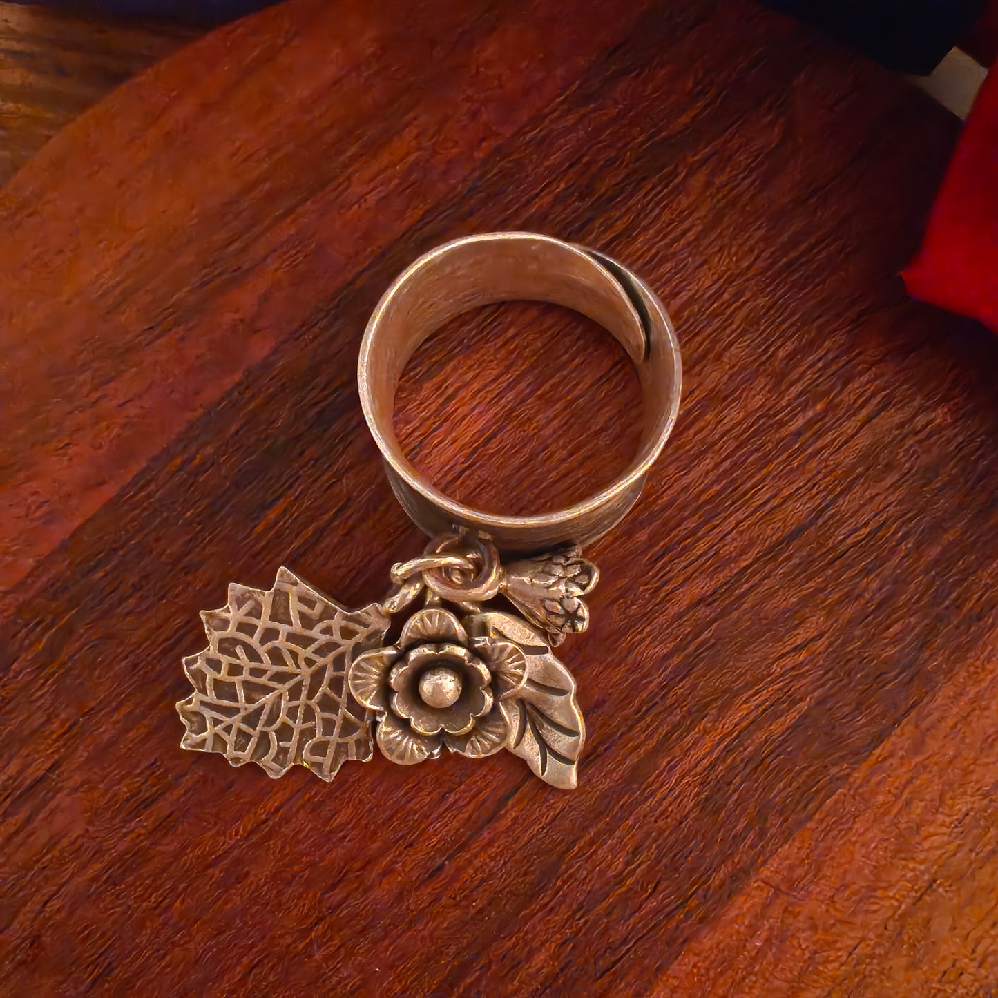 Statement Boho Textured Ring With Charms Flowers And Leaves