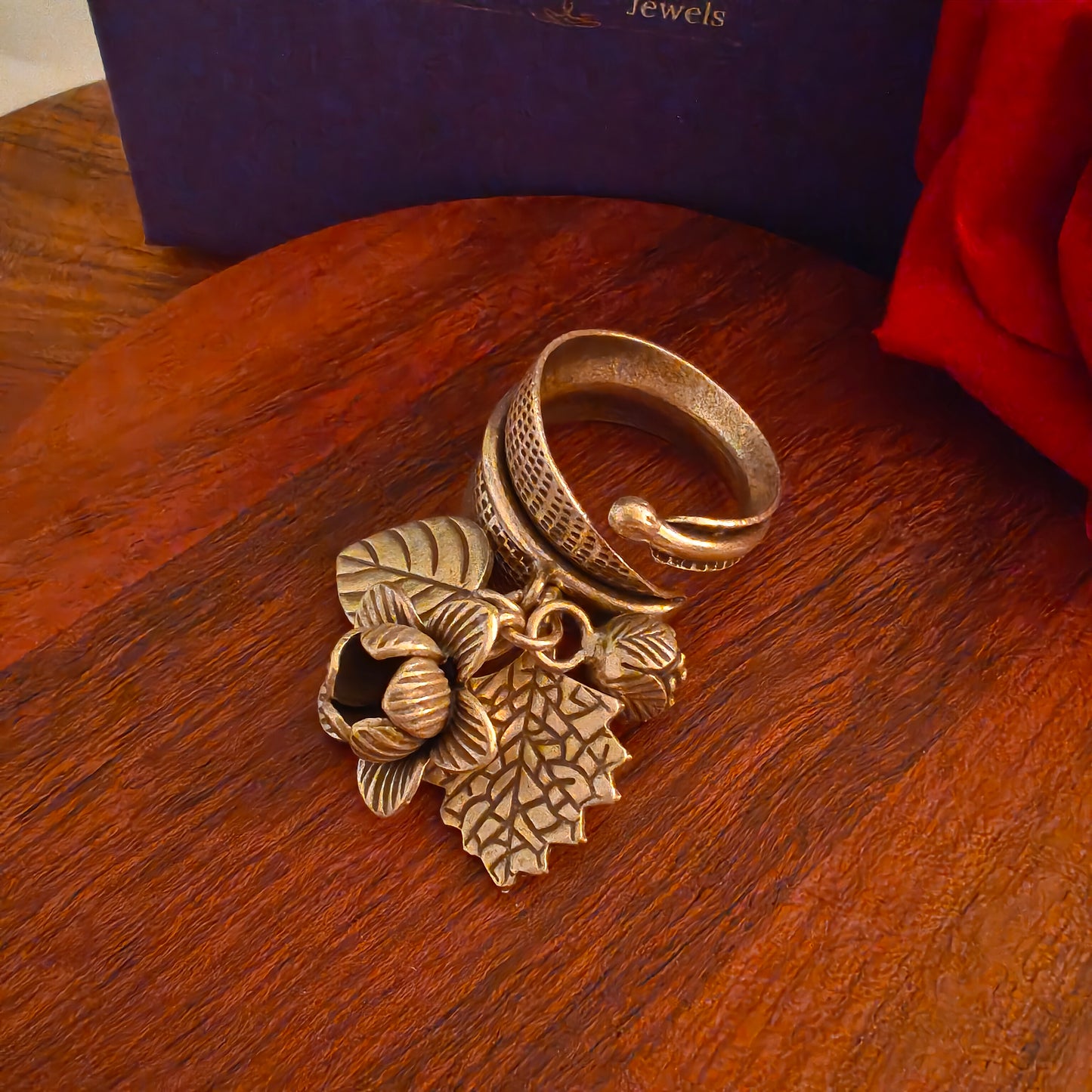 Statement Boho Textured Spiral Fish Ring With Charms Flowers And Leaves