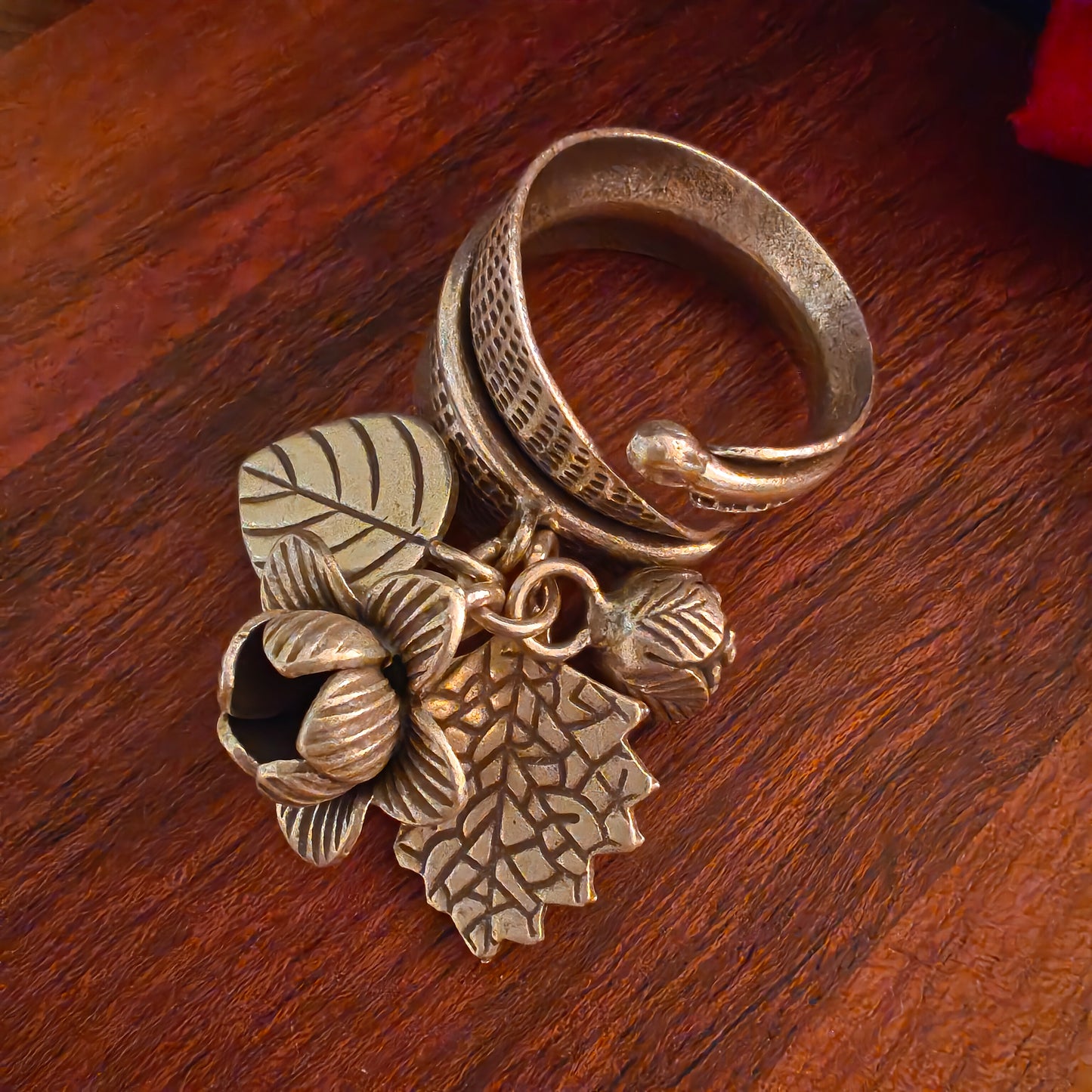 Statement Boho Textured Spiral Fish Ring With Charms Flowers And Leaves