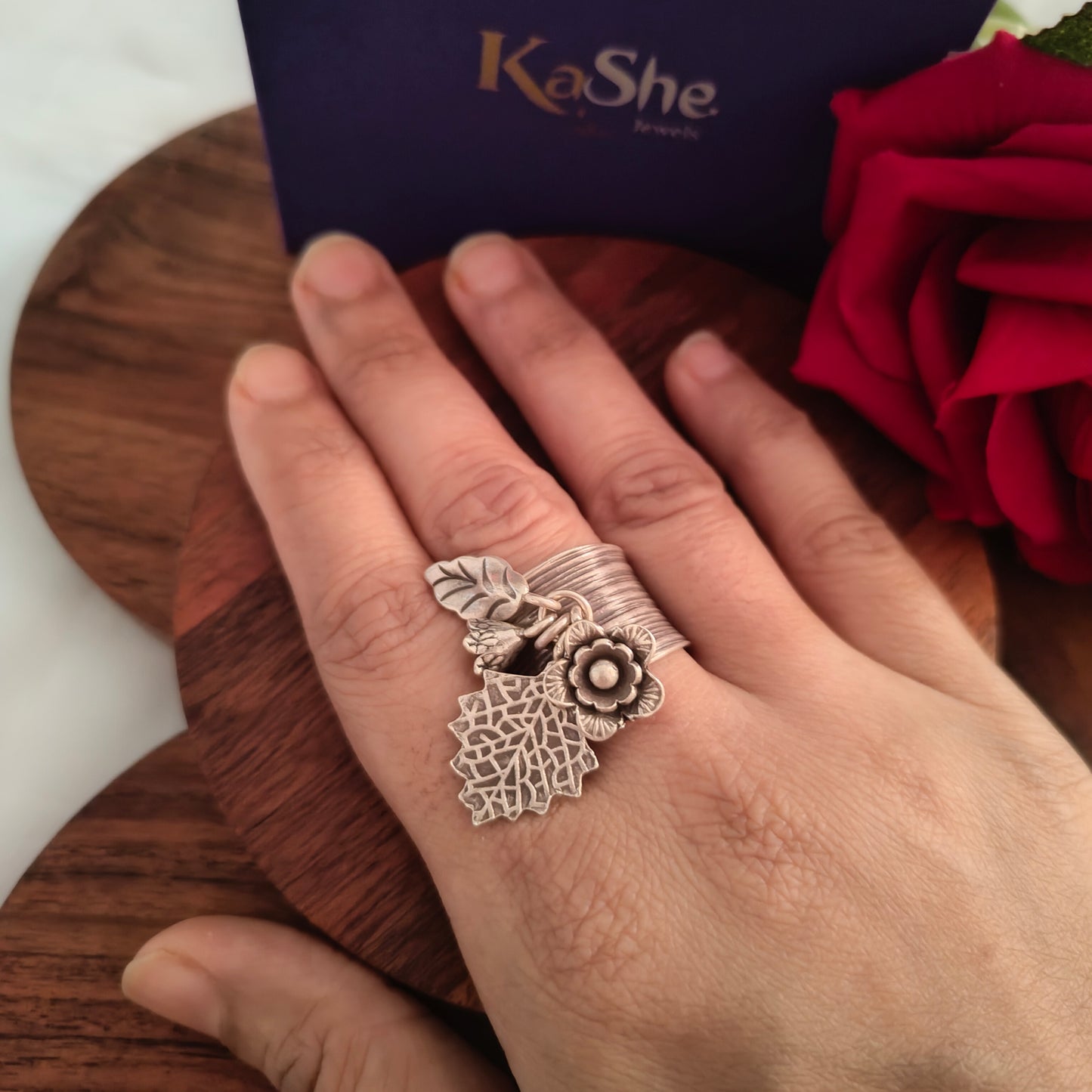 Statement Boho Textured Ring With Charms Flowers And Leaves
