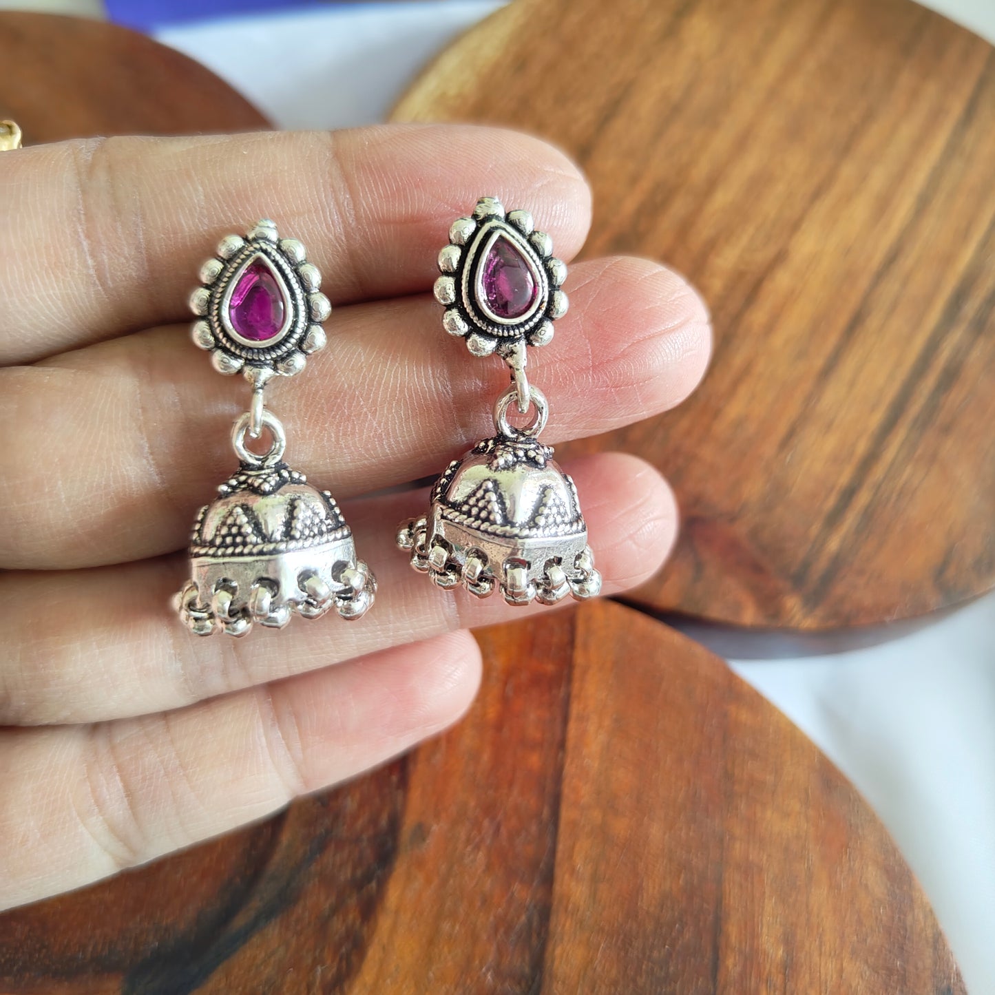 Pear Shaped Pink Stone Stud 92.5 Silver Jhumka & Silver Danglers