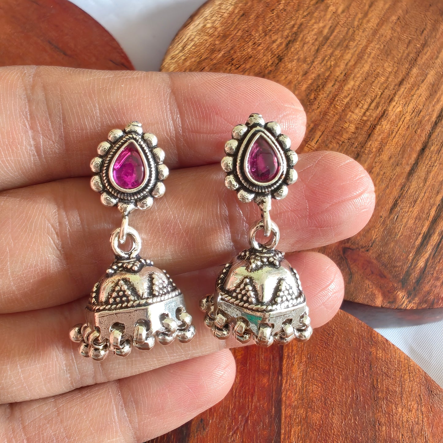 Pear Shaped Pink Stone Stud 92.5 Silver Jhumka & Silver Danglers