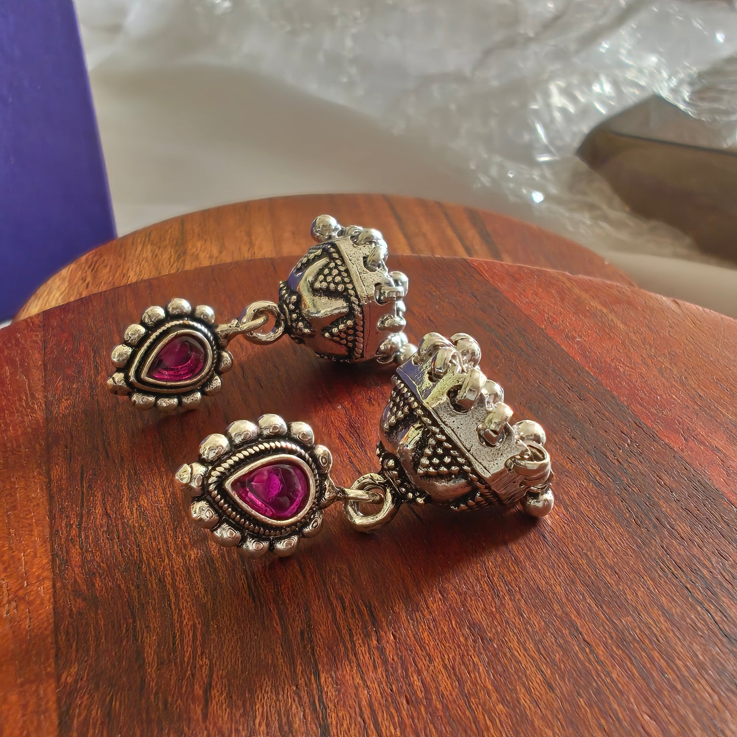 Pear Shaped Pink Stone Stud 92.5 Silver Jhumka & Silver Danglers