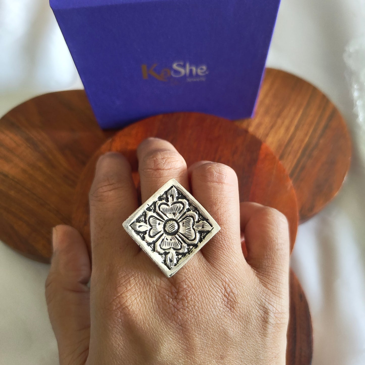 Classic Silver Floral And Fona Chitai Square Shaped Ring (ii)