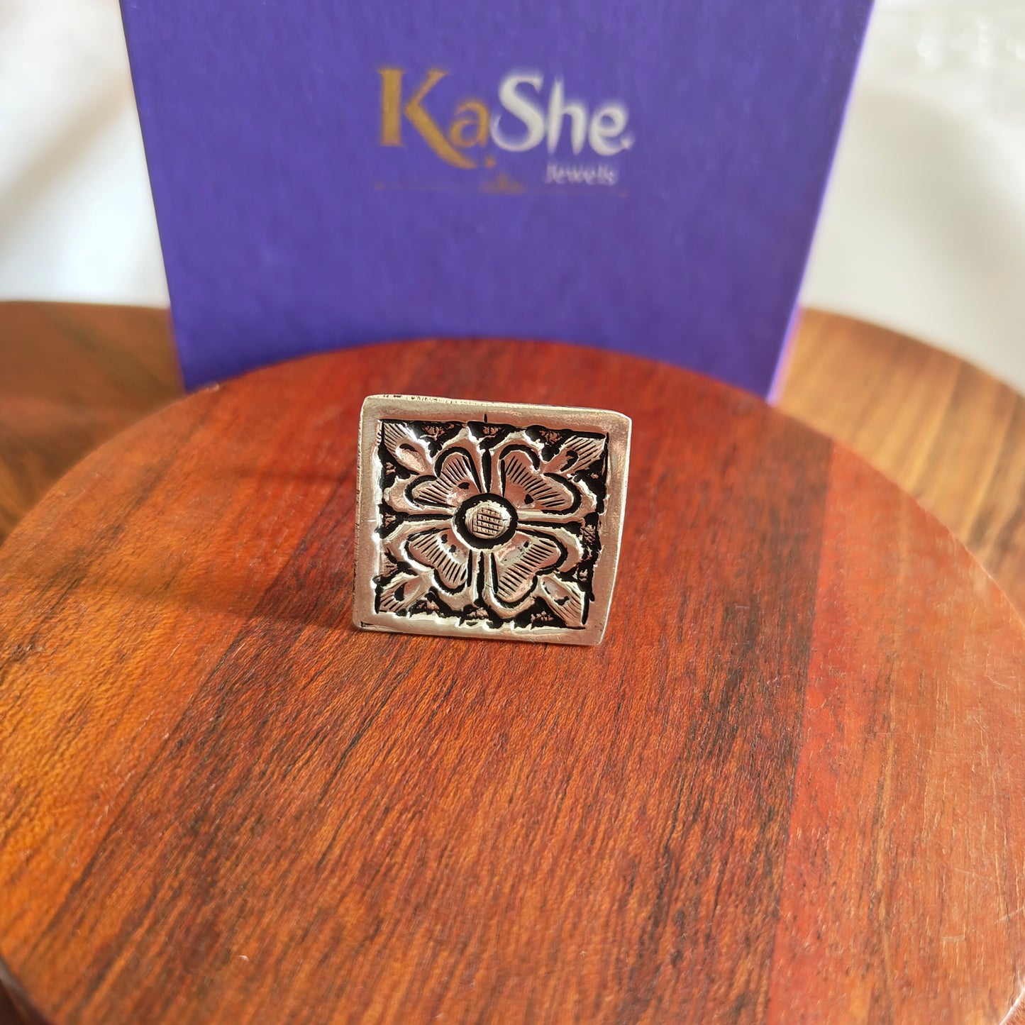 Classic Silver Floral And Fona Chitai Square Shaped Ring (ii)