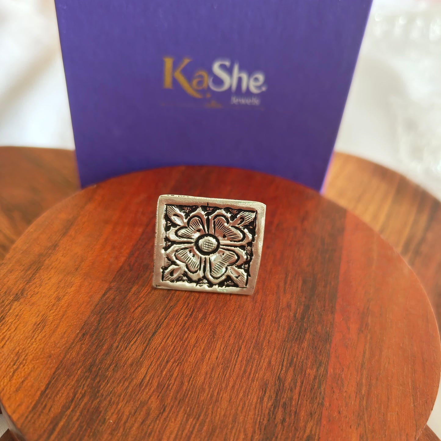 Classic Silver Floral And Fona Chitai Square Shaped Ring (ii)