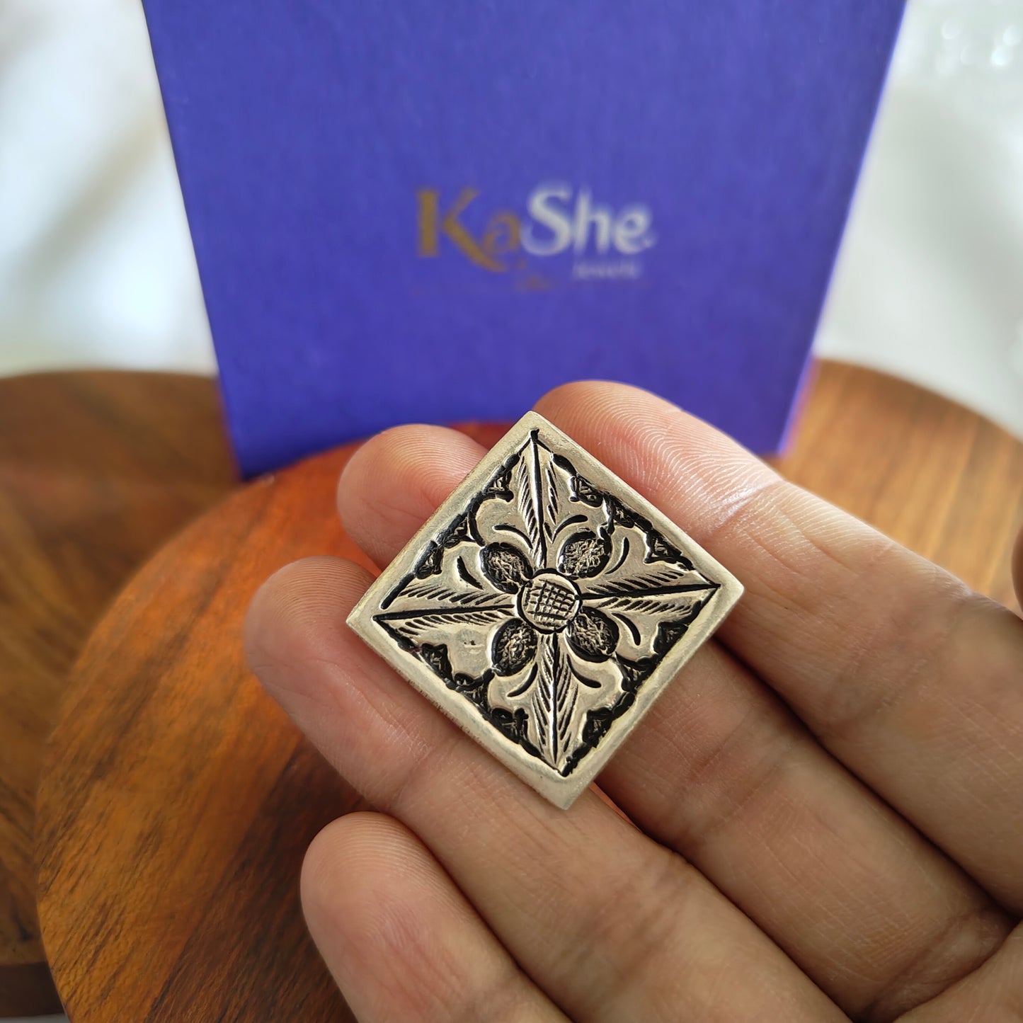 Classic Silver Floral And Fona Chitai Square Shaped Ring (iii)