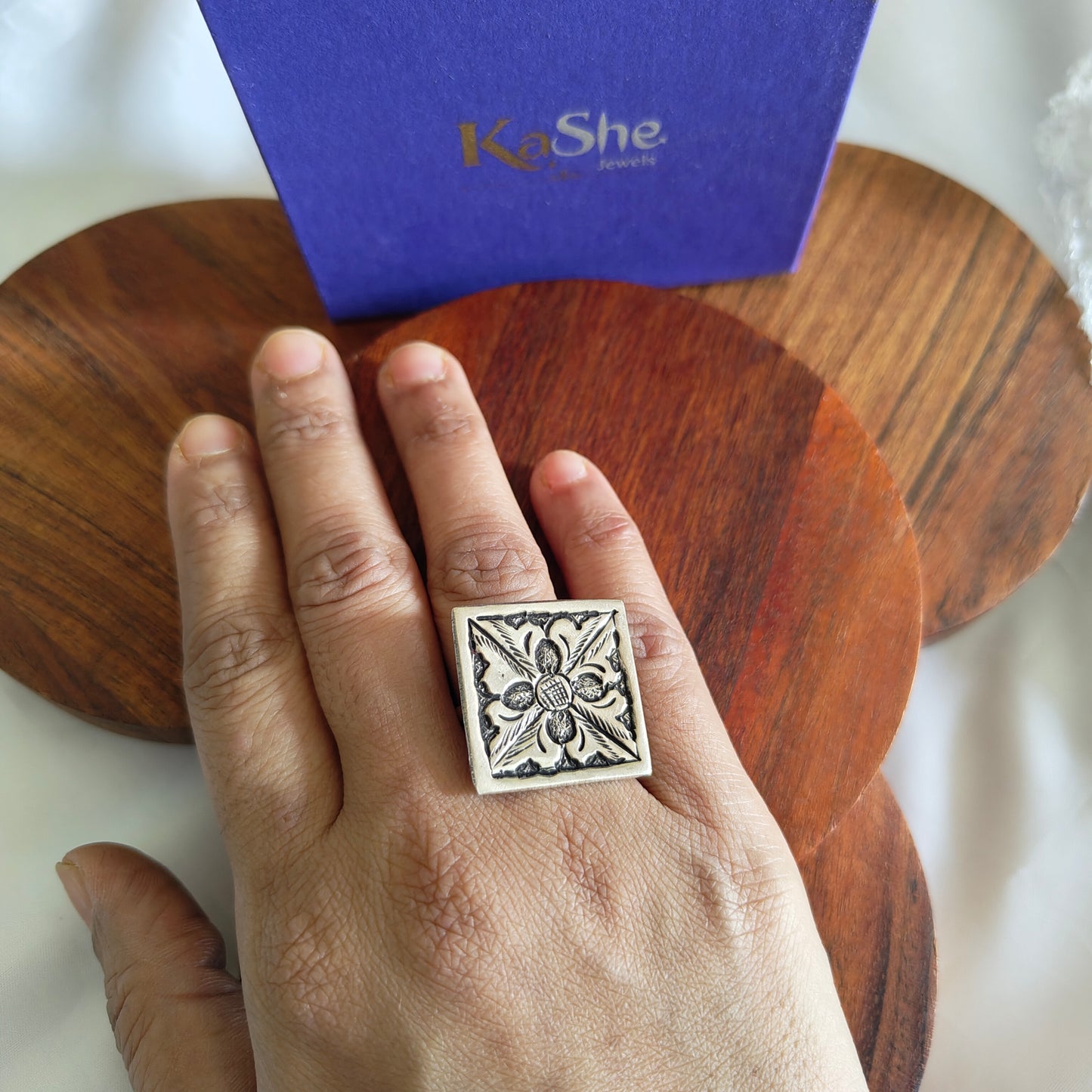 Classic Silver Floral And Fona Chitai Square Shaped Ring (iii)