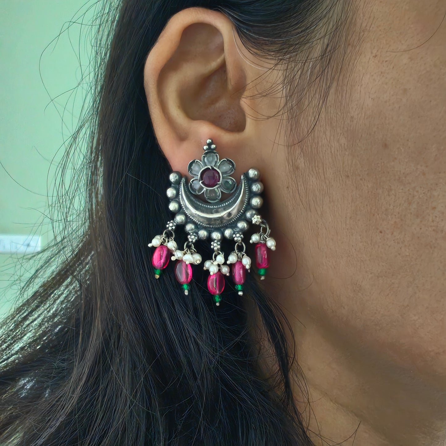 Pink and Green Stone Studs Silver Half Moon Temple Dangler with Pearl Danglers
