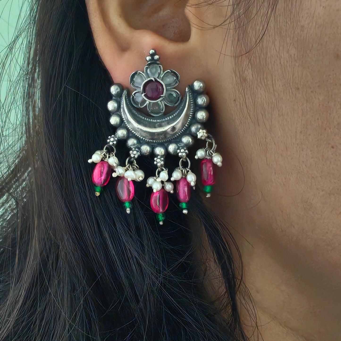 Pink and Green Stone Studs Silver Half Moon Temple Dangler with Pearl Danglers