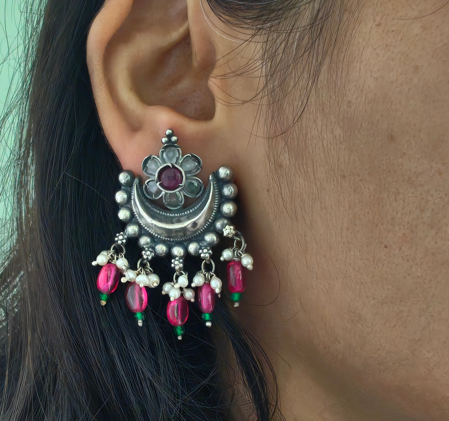 Pink and Green Stone Studs Silver Half Moon Temple Dangler with Pearl Danglers