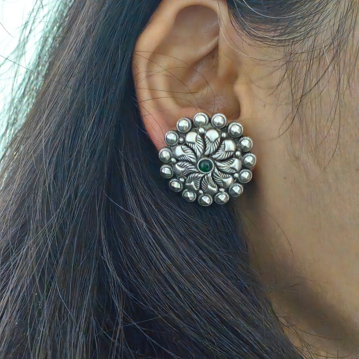 Intricate Antique Finish Green Stone Flower Temple Stud Earrings