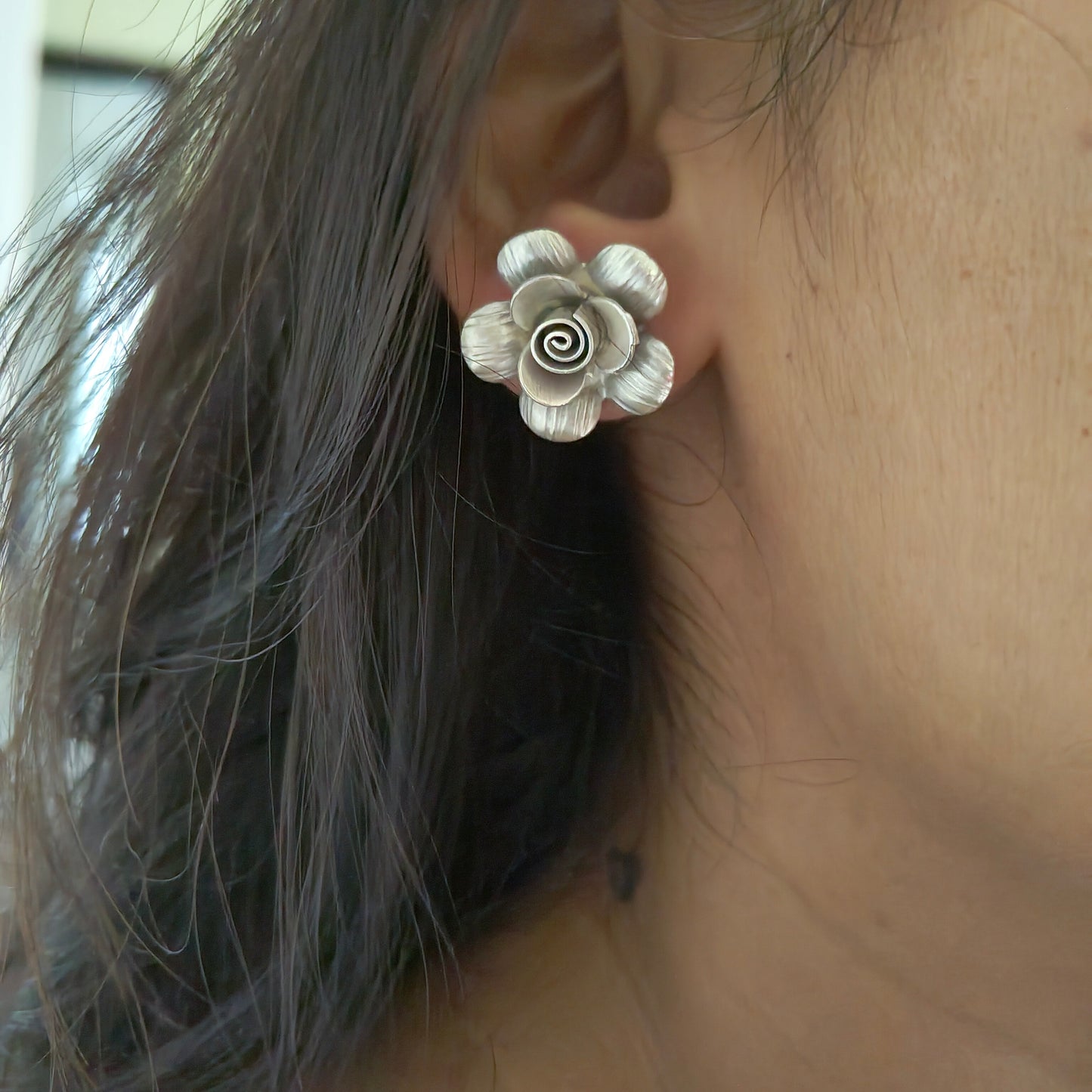 3D Floral Rose Textured Earring with Post Stud