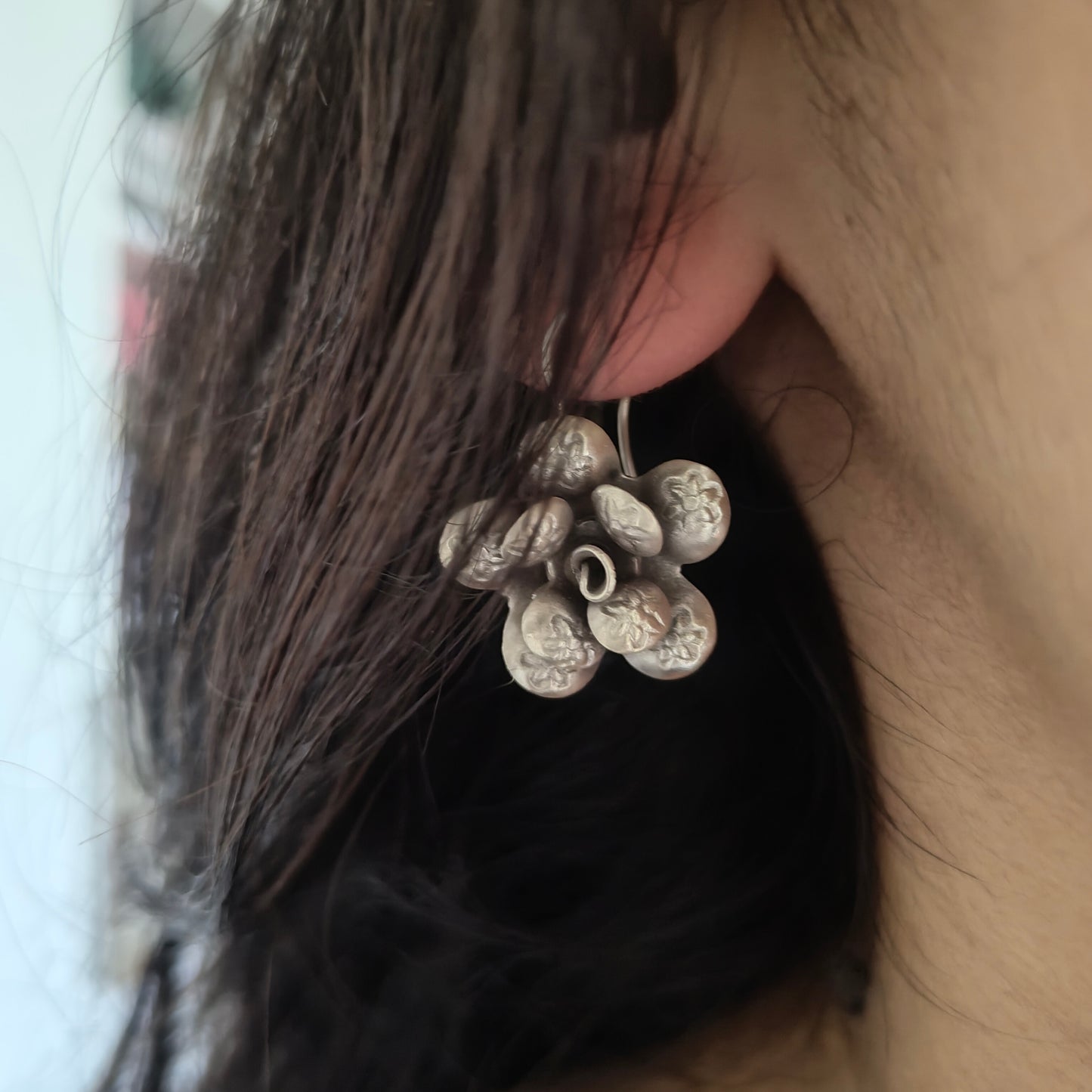 Statement 3D Floral Flower Textured Earring With Hooks