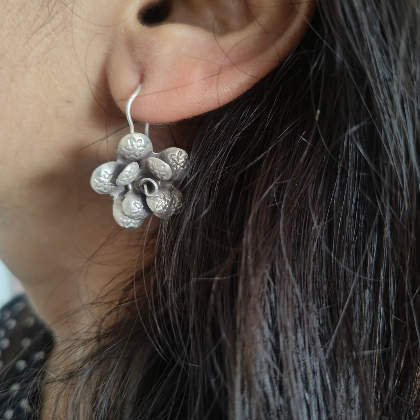 Statement 3D Floral Flower Textured Earring With Hooks