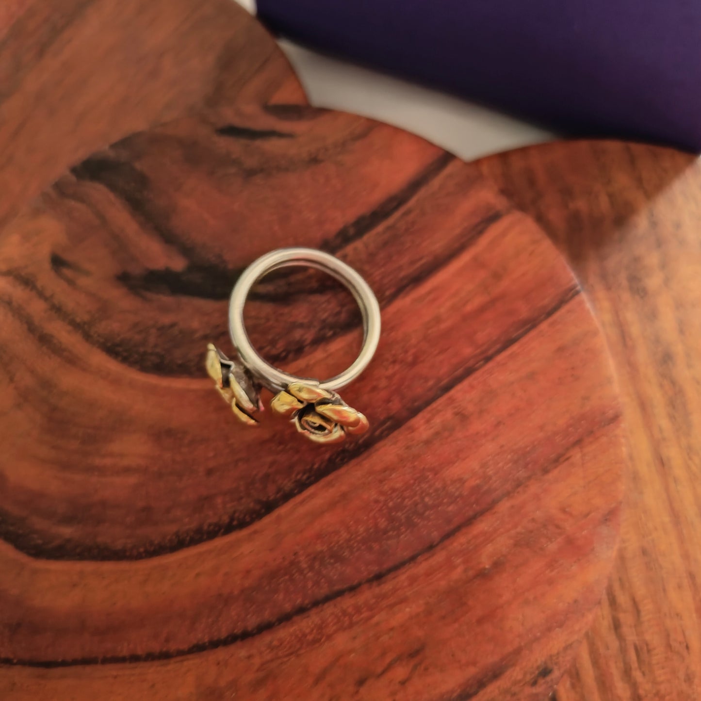 Boho Dual Tone Adjustable Sterling Silver Ring With Two Roses