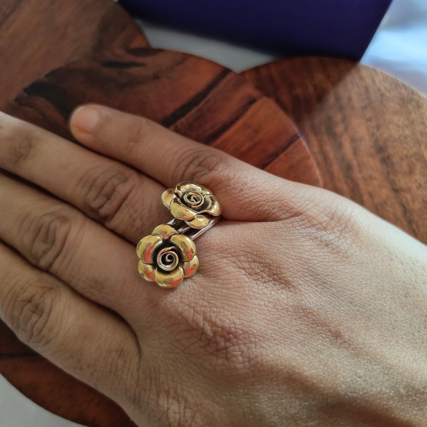 Boho Dual Tone Adjustable Sterling Silver Ring With Two Roses