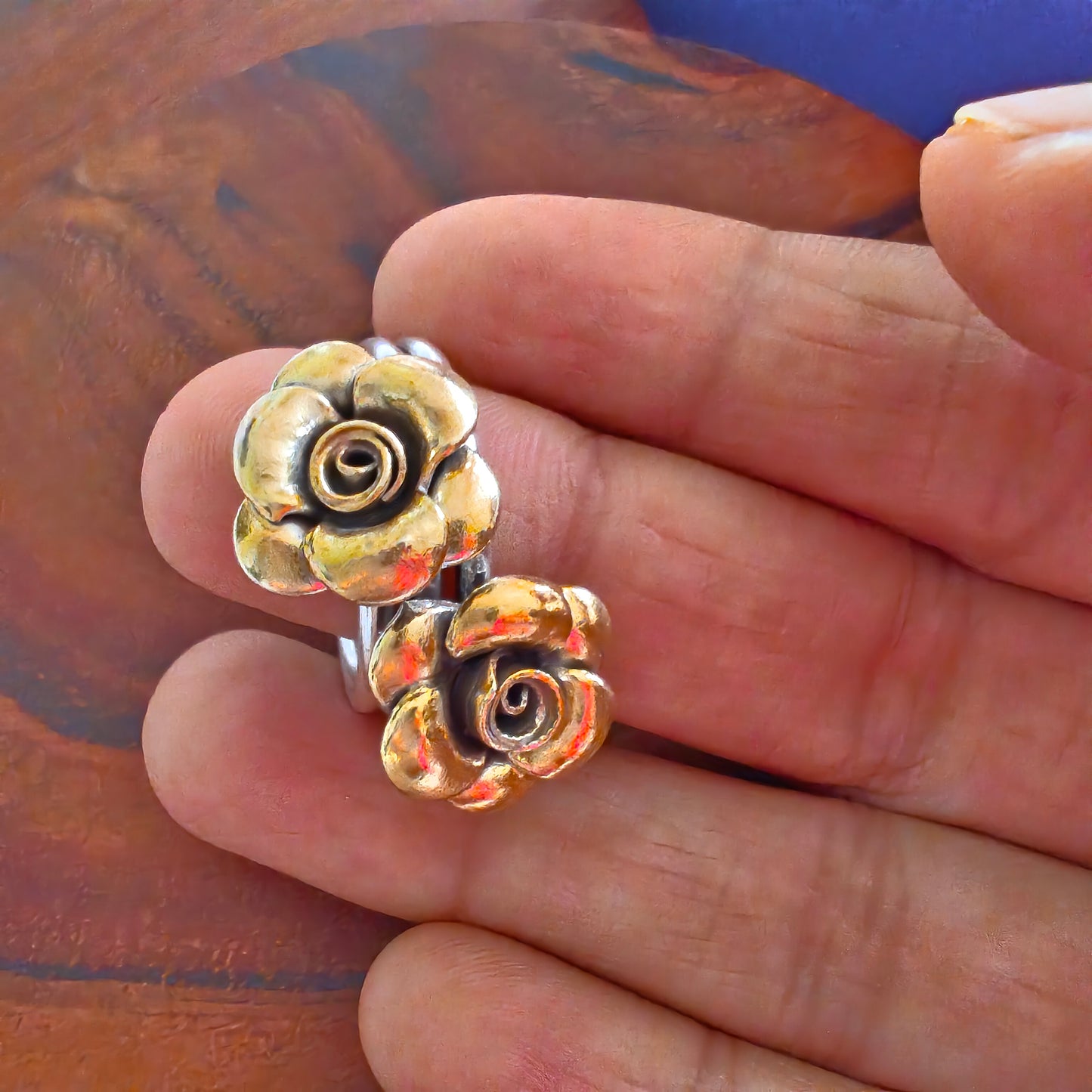 Boho Dual Tone Adjustable Sterling Silver Ring With Two Roses