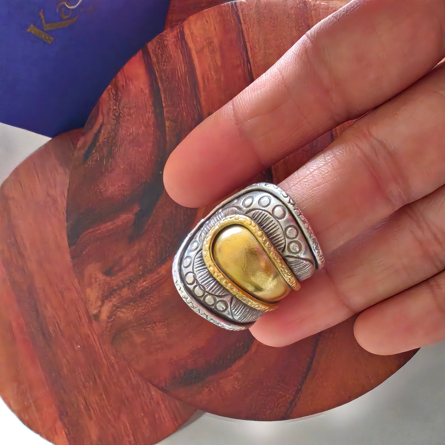 Boho Dual Tone Textured Sterling Silver Ring With Tapered band