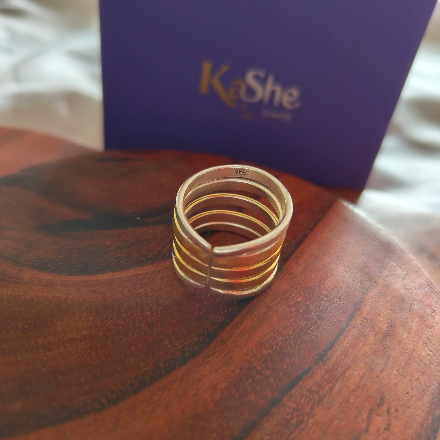 Boho Dual Tone Glossy Sterling Silver Ring With Thin Bands