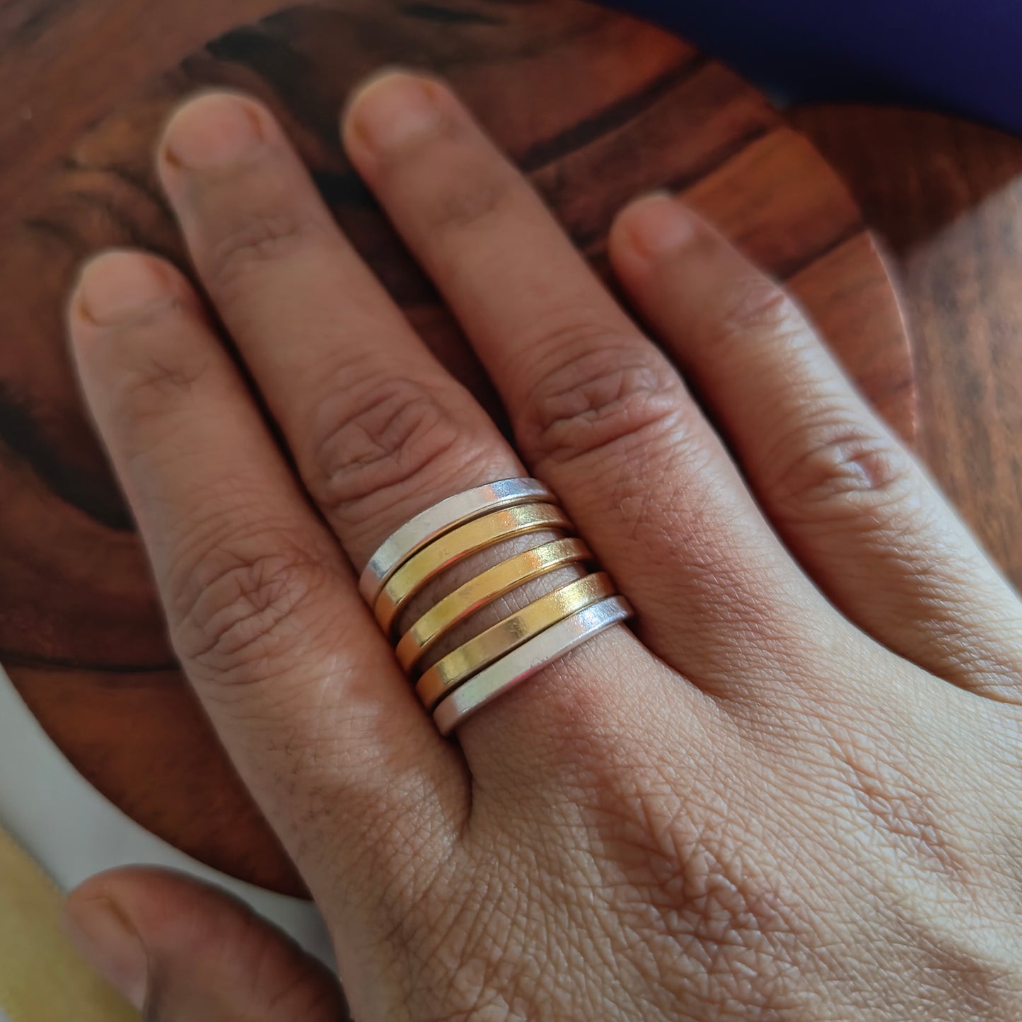 Boho Dual Tone Glossy Sterling Silver Ring With Thin Bands