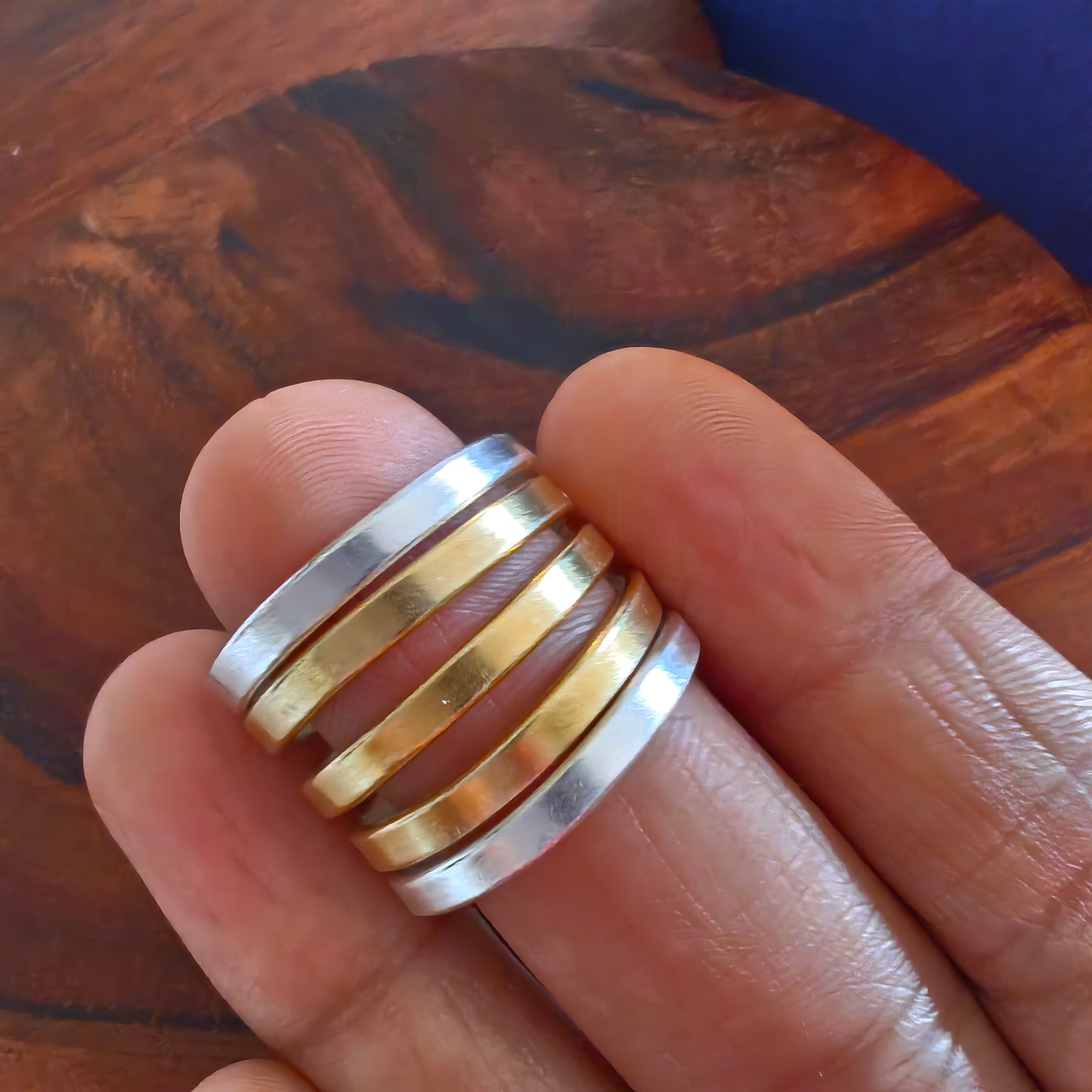Boho Dual Tone Glossy Sterling Silver Ring With Thin Bands