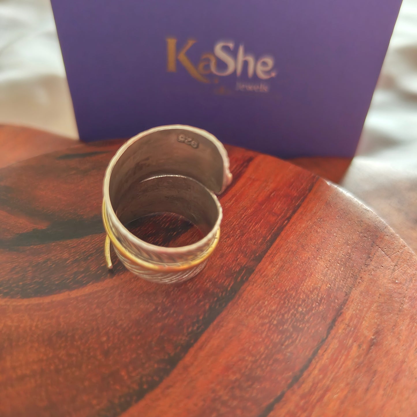 Boho Dual Tone Adjustable Textured Spiral Leave Sterling Silver Ring