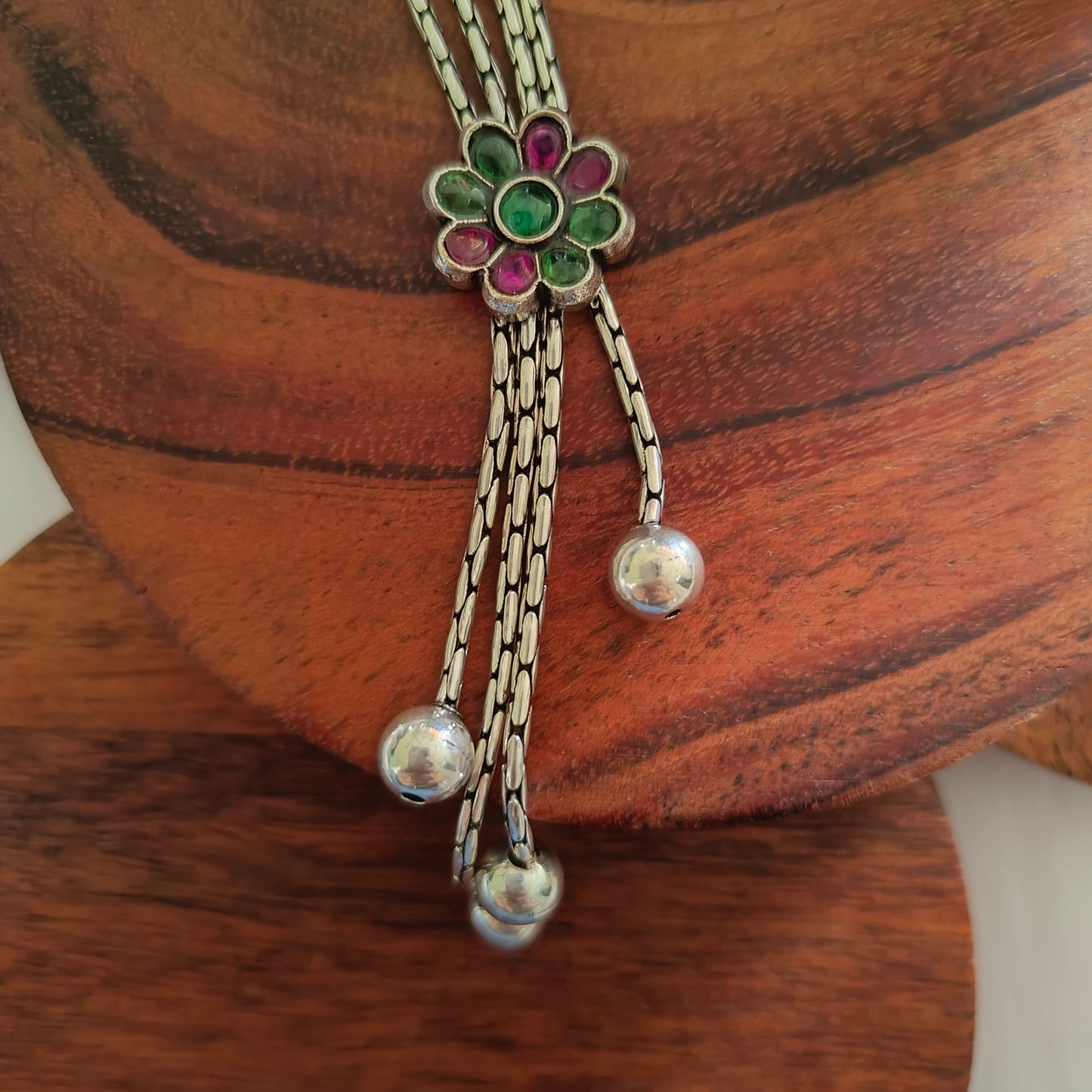 Versatile Pink Green Stone Flower Necklace With Ball Drops