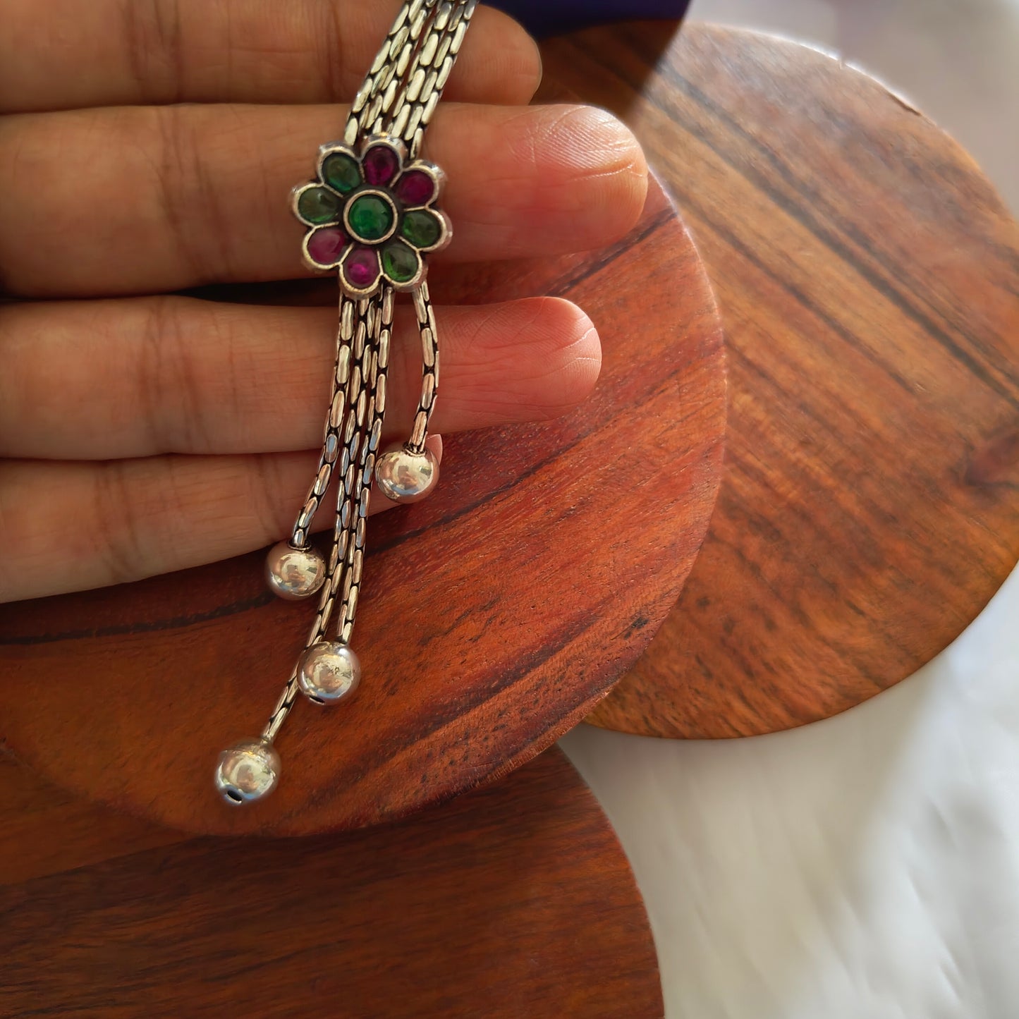 Versatile Pink Green Stone Flower Necklace With Ball Drops