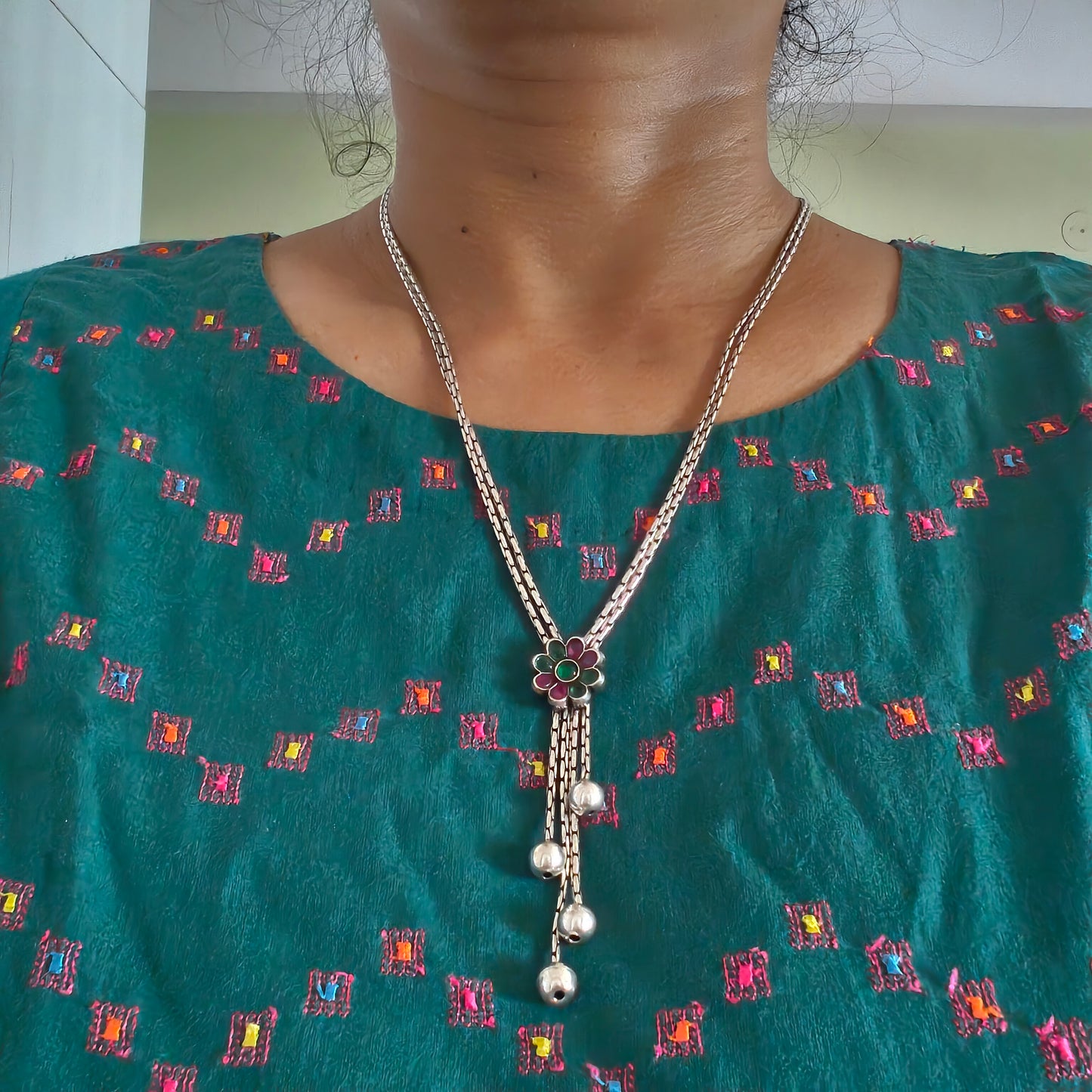 Versatile Pink Green Stone Flower Necklace With Ball Drops
